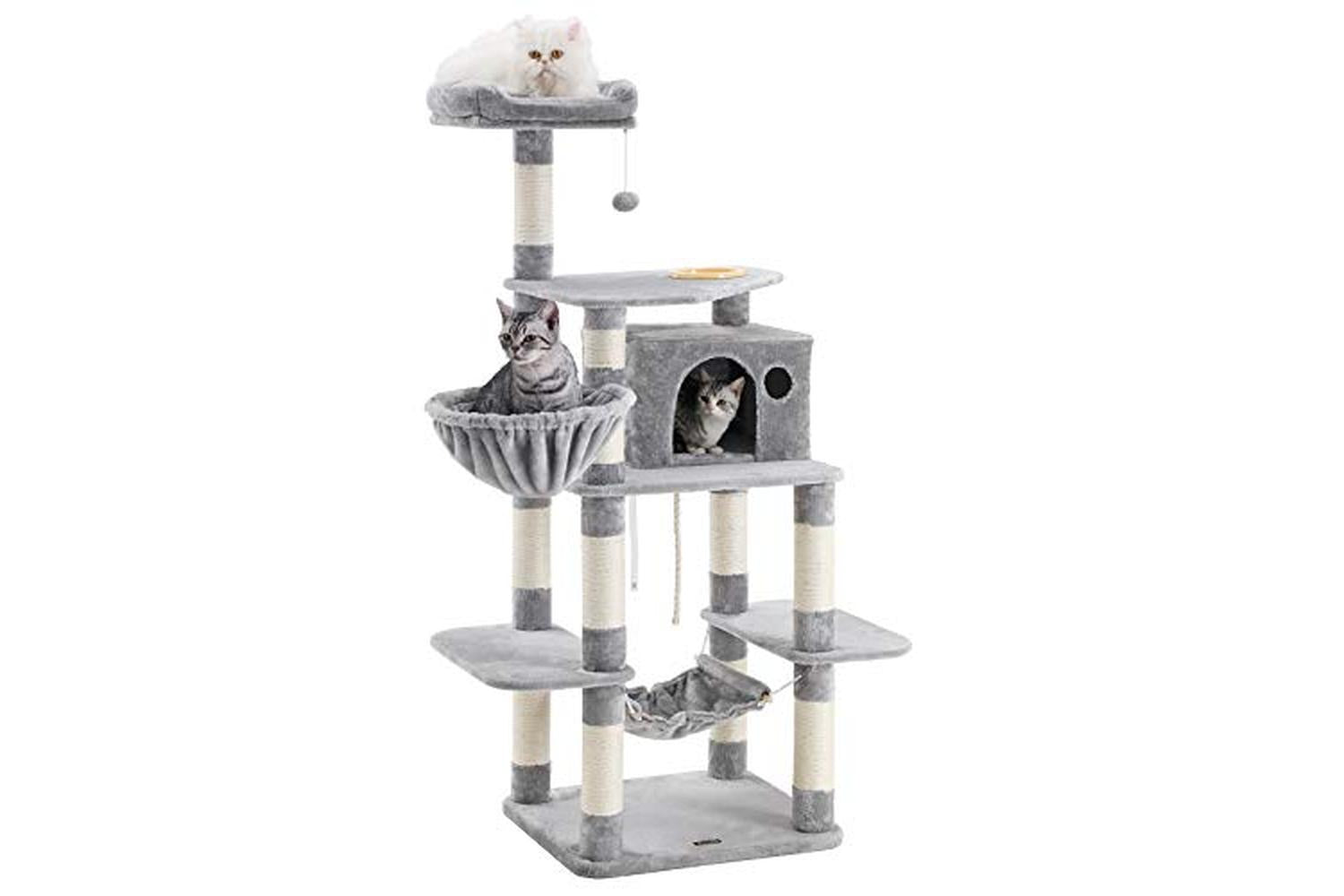 Feandrea PCT99W Scratching Post Cat Tree with Bowl | Light Grey-7