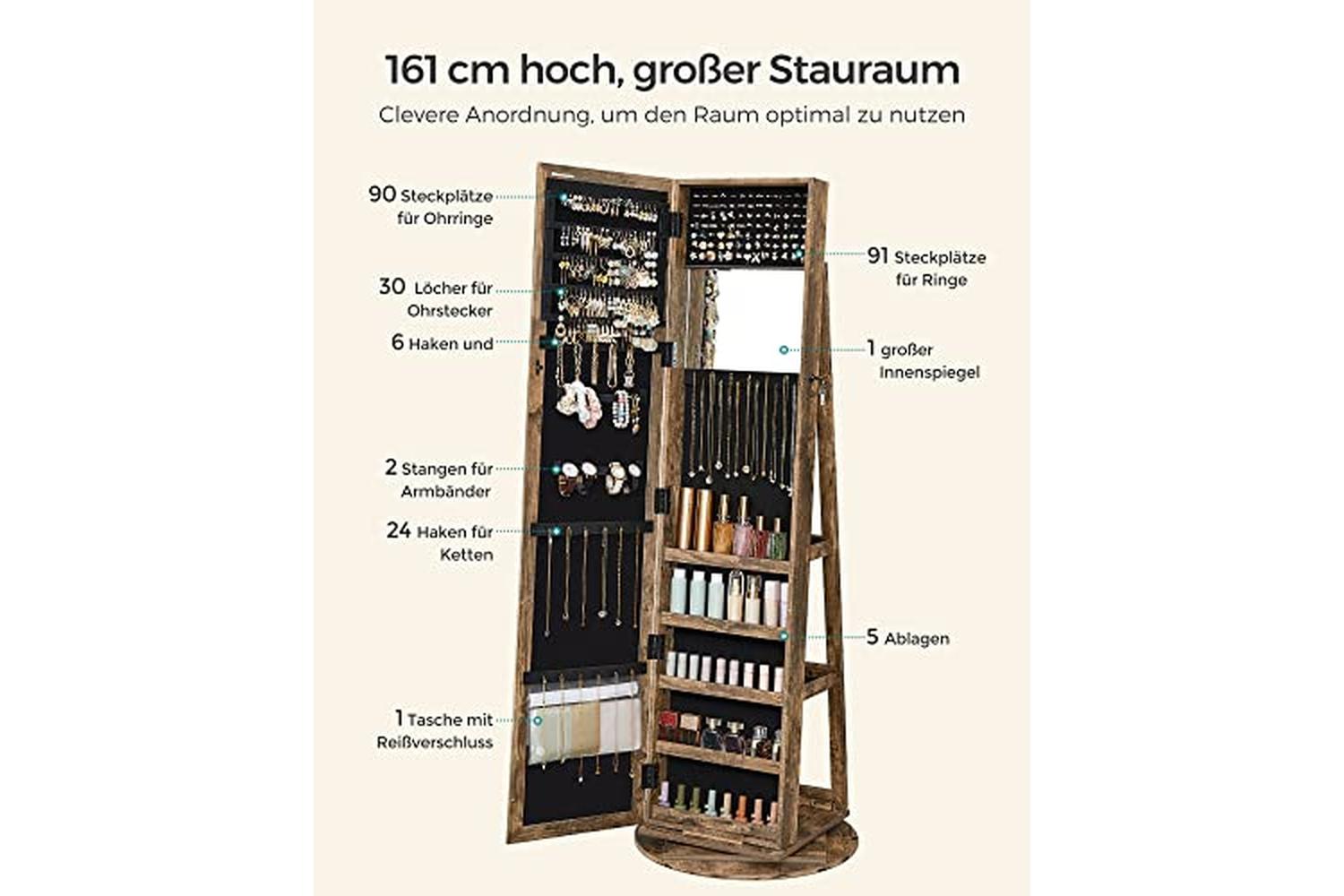 Songmics JJC062K01 360Â° Rotatable Jewelry Cabinet | Vintage Brown-4