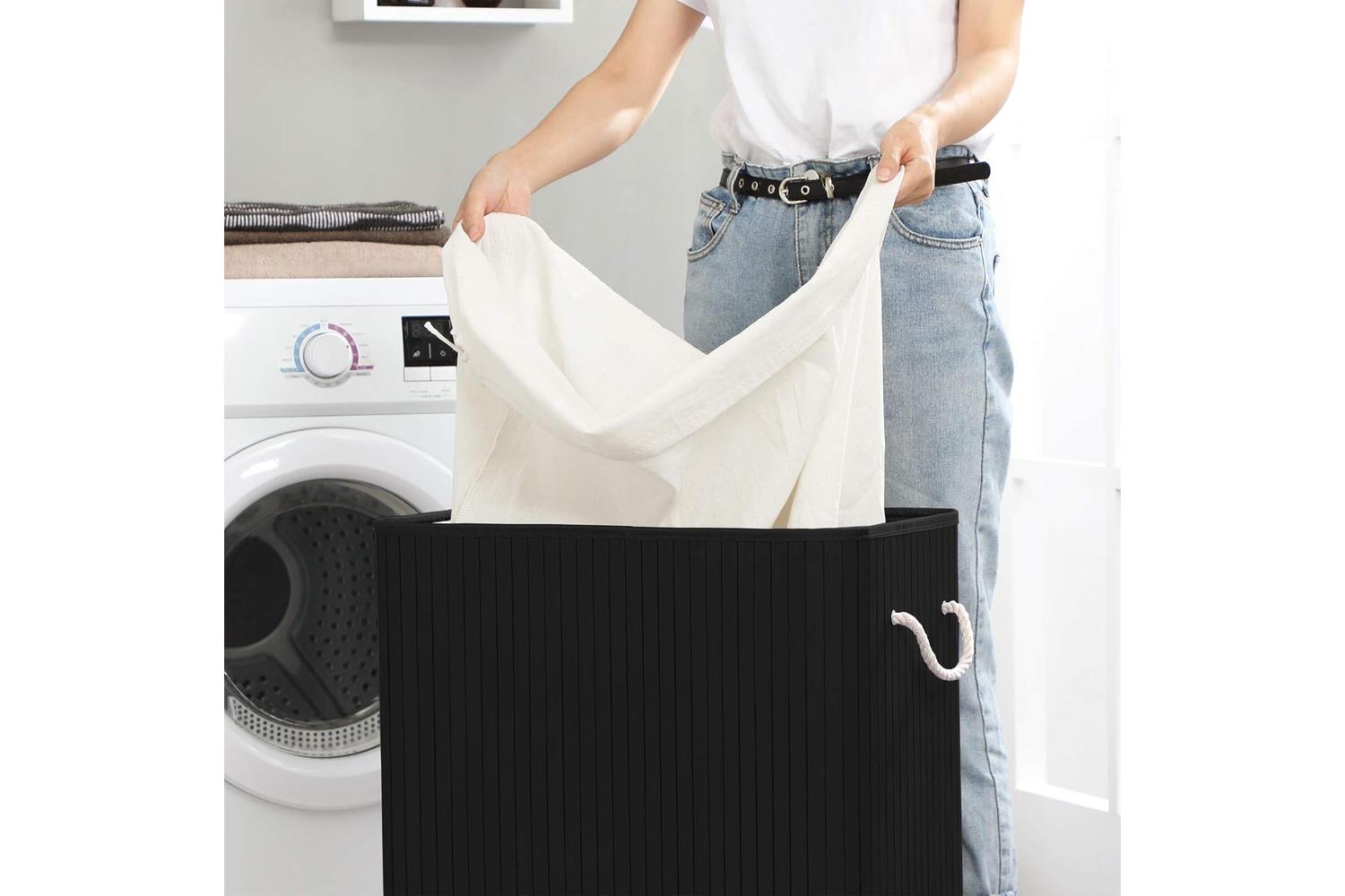 Songmics LCB64BK Bamboo Laundry Basket with 2 Compartments-3