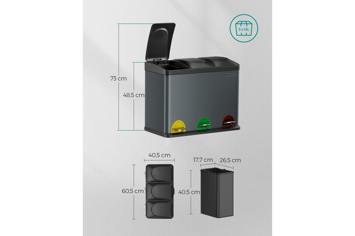 Songmics LTB45G Sorting Bin 3 x 15L | Grey-7