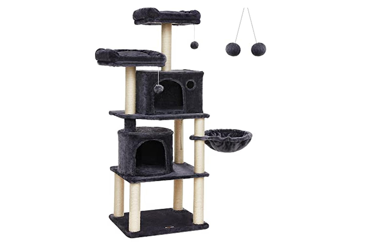 Feandrea PCT90G Scratching Post Cat Tree with 2 Holes | Smoky Grey