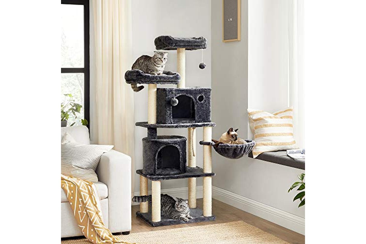 Feandrea PCT90G Scratching Post Cat Tree with 2 Holes | Smoky Grey-2