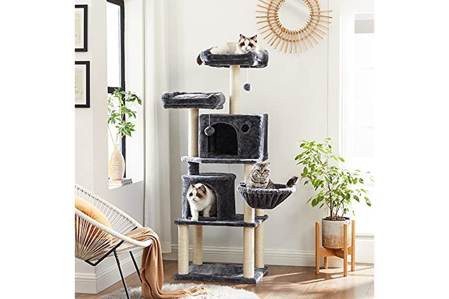 Feandrea PCT90G Scratching Post Cat Tree with 2 Holes | Smoky Grey-4