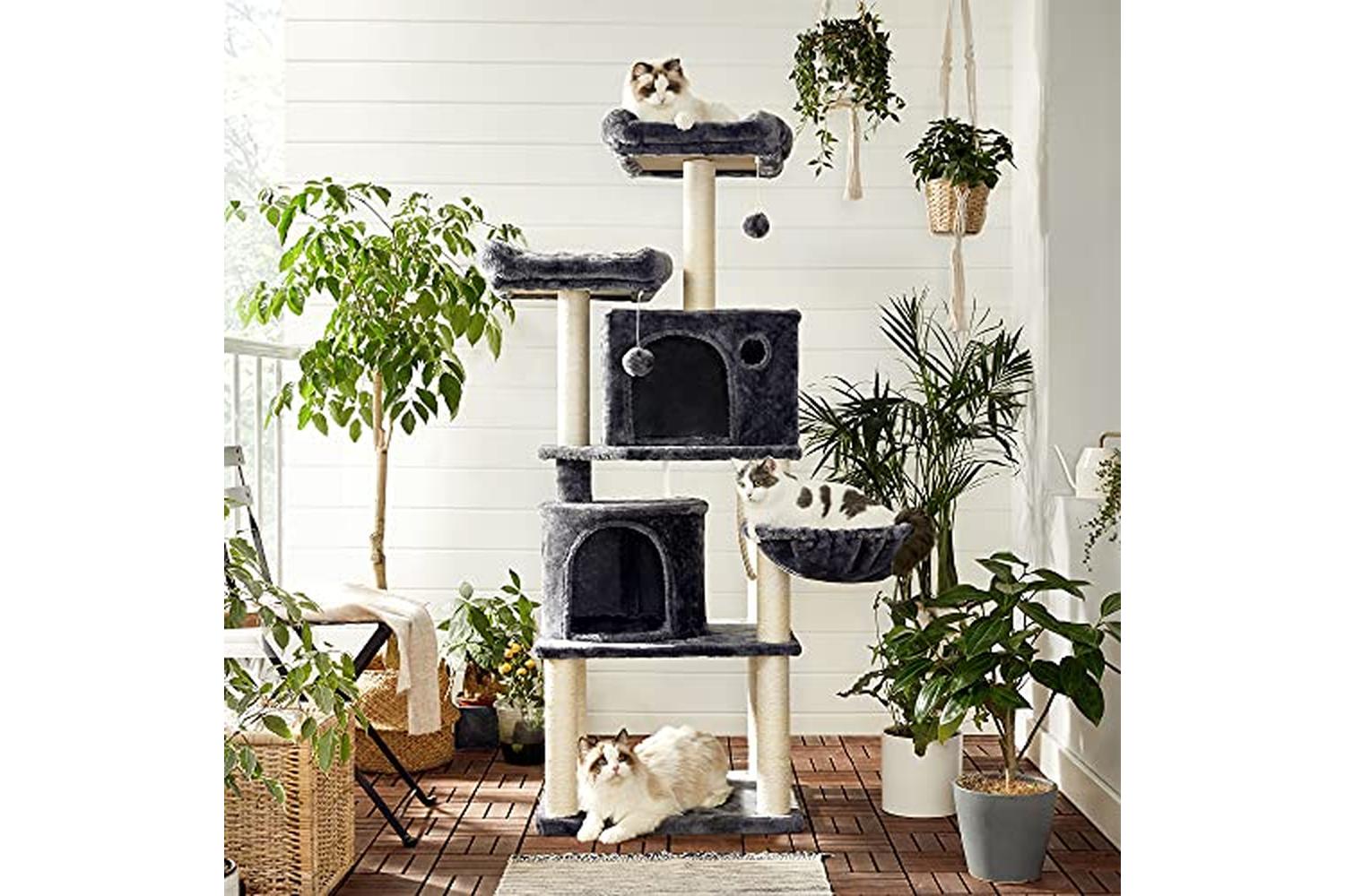 Feandrea PCT90G Scratching Post Cat Tree with 2 Holes | Smoky Grey-5