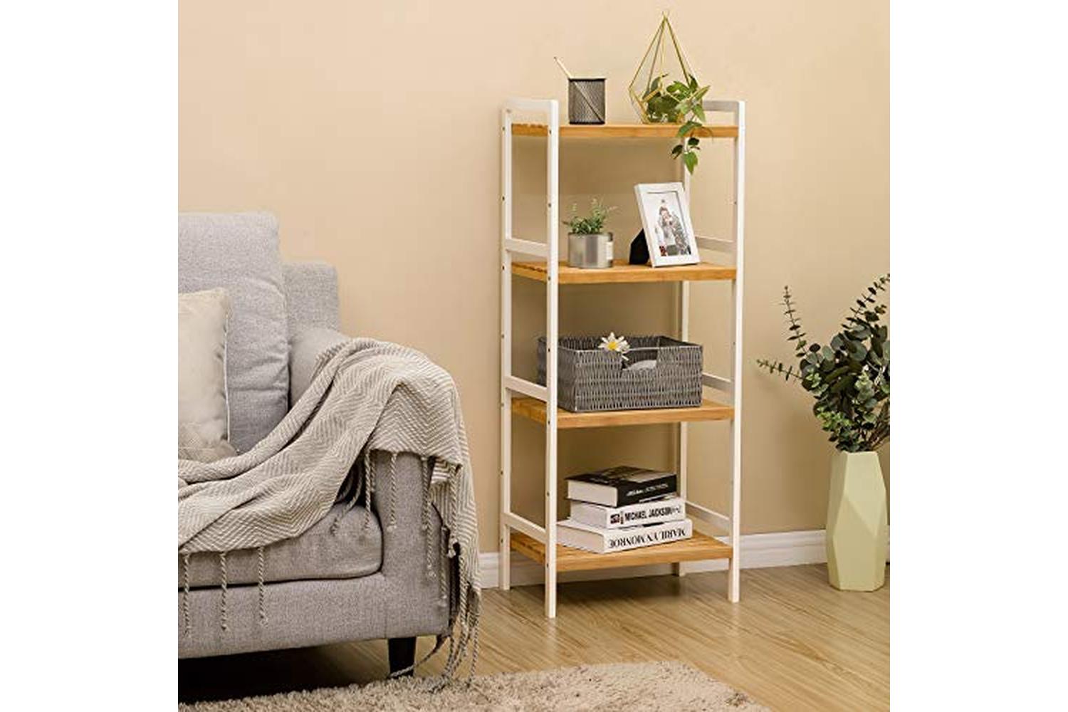 Songmics Bamboo Shelf, Kitchen Shelving, Bathroom Shelf, Bookcase, 4 Shelves 45 X 31.5 X 110 Cm Ideal For Bathroom, Kitchen, Living Room, Bedroom, Balcony, Natural White Bcb74wn-2
