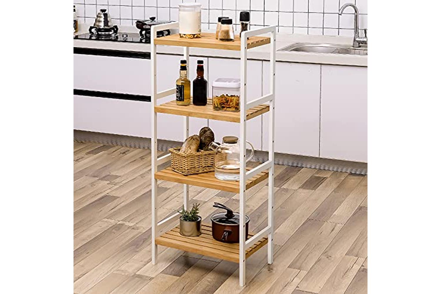 Songmics Bamboo Shelf, Kitchen Shelving, Bathroom Shelf, Bookcase, 4 Shelves 45 X 31.5 X 110 Cm Ideal For Bathroom, Kitchen, Living Room, Bedroom, Balcony, Natural White Bcb74wn-3
