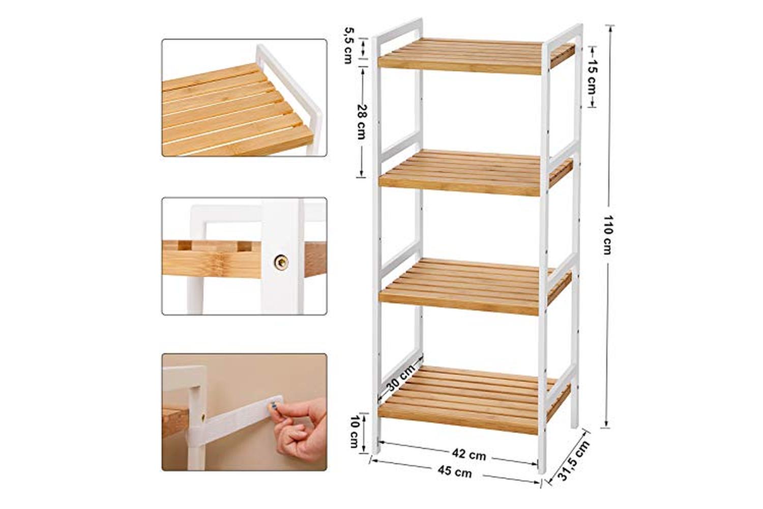 Songmics Bamboo Shelf, Kitchen Shelving, Bathroom Shelf, Bookcase, 4 Shelves 45 X 31.5 X 110 Cm Ideal For Bathroom, Kitchen, Living Room, Bedroom, Balcony, Natural White Bcb74wn-4
