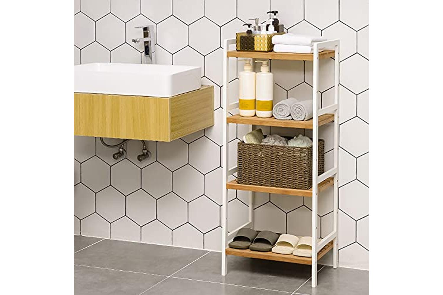 Songmics Bamboo Shelf, Kitchen Shelving, Bathroom Shelf, Bookcase, 4 Shelves 45 X 31.5 X 110 Cm Ideal For Bathroom, Kitchen, Living Room, Bedroom, Balcony, Natural White Bcb74wn-7