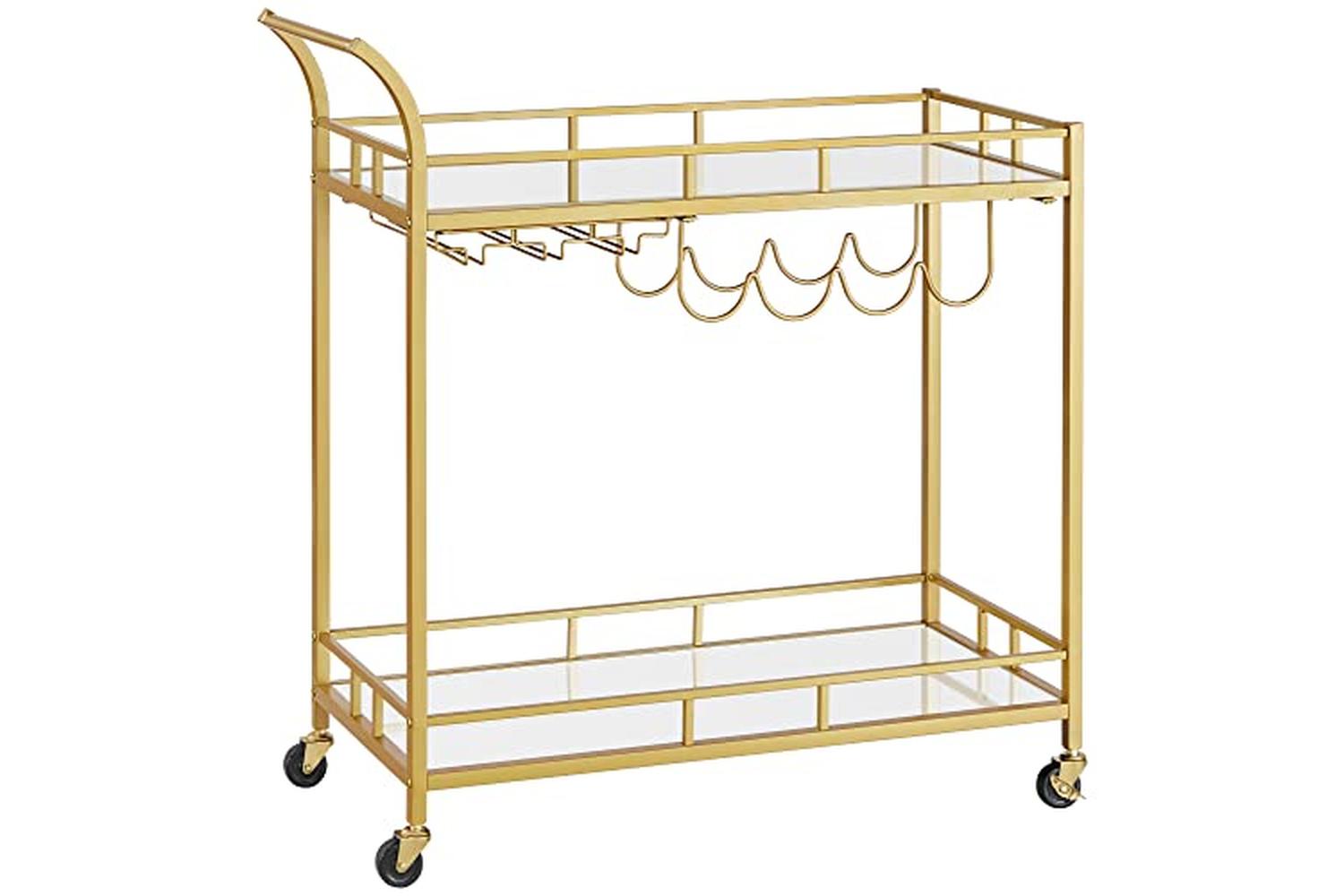 Vasagle Serving Trolley Trolley Glass Holder 2 Mirrored Glass Shelves Bar Trolley Wine Cart Kitchen Dining Bar Gold Lrc090a03
