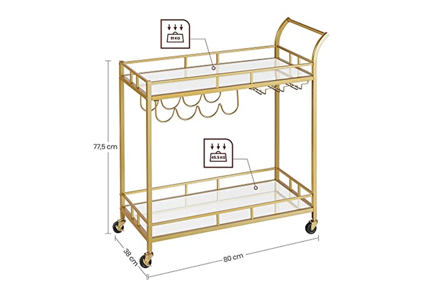 Vasagle Serving Trolley Trolley Glass Holder 2 Mirrored Glass Shelves Bar Trolley Wine Cart Kitchen Dining Bar Gold Lrc090a03-2