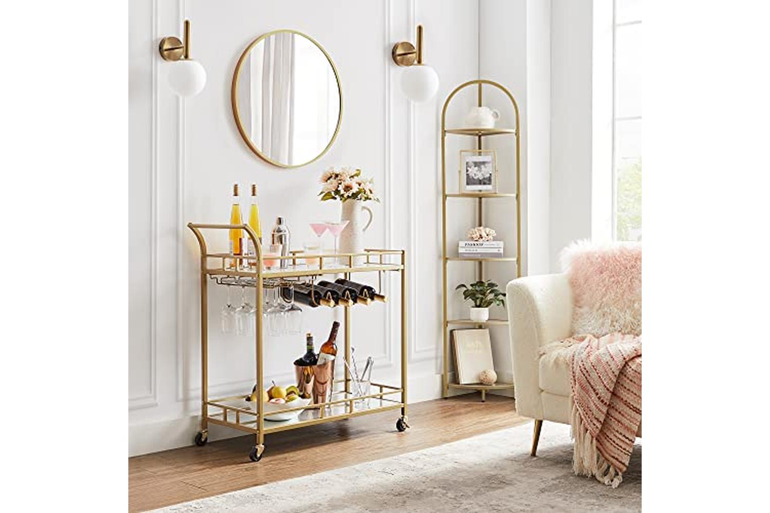 Vasagle Serving Trolley Trolley Glass Holder 2 Mirrored Glass Shelves Bar Trolley Wine Cart Kitchen Dining Bar Gold Lrc090a03-3