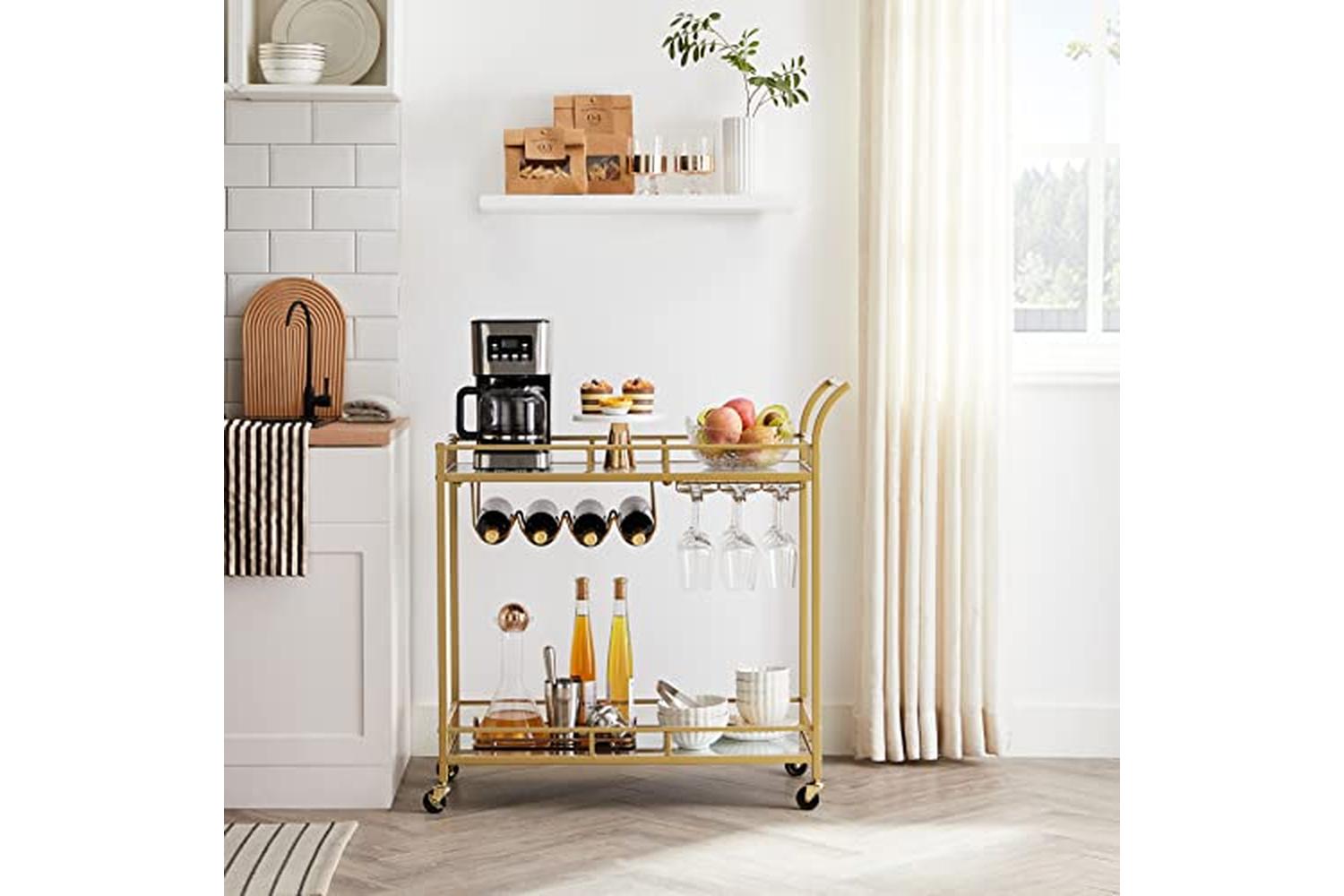 Vasagle Serving Trolley Trolley Glass Holder 2 Mirrored Glass Shelves Bar Trolley Wine Cart Kitchen Dining Bar Gold Lrc090a03-4