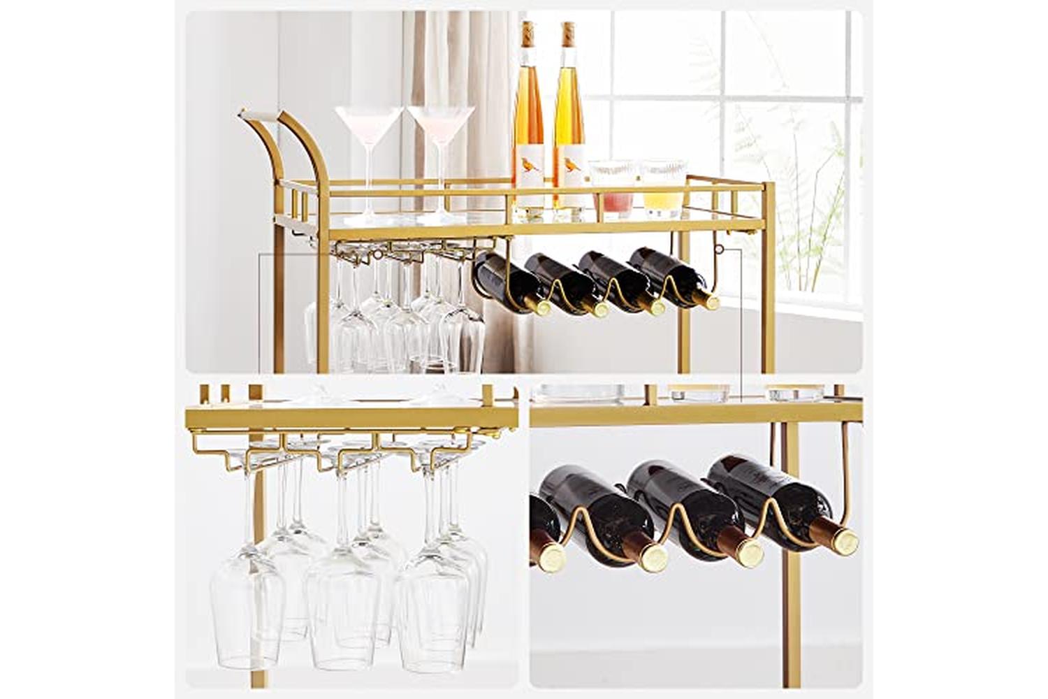 Vasagle Serving Trolley Trolley Glass Holder 2 Mirrored Glass Shelves Bar Trolley Wine Cart Kitchen Dining Bar Gold Lrc090a03-5