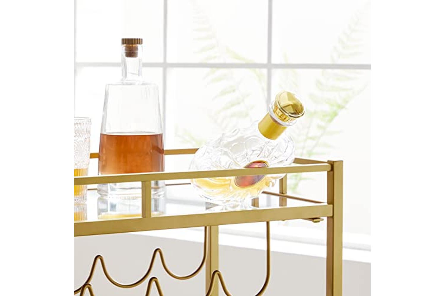 Vasagle Serving Trolley Trolley Glass Holder 2 Mirrored Glass Shelves Bar Trolley Wine Cart Kitchen Dining Bar Gold Lrc090a03-6