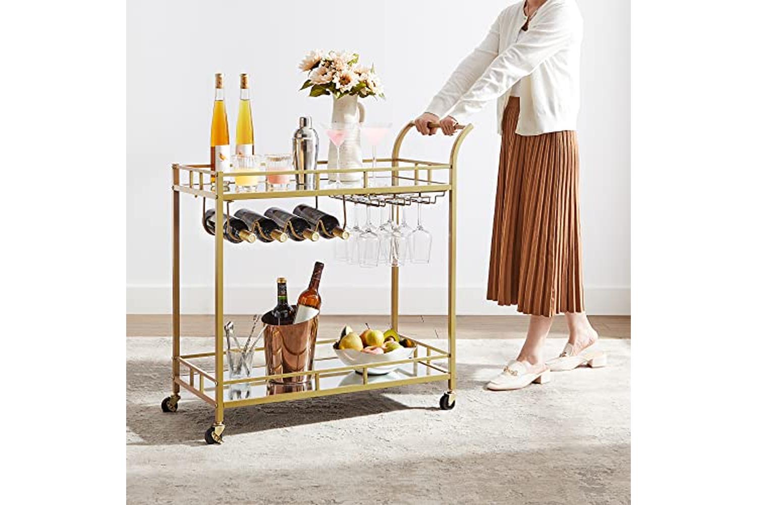 Vasagle Serving Trolley Trolley Glass Holder 2 Mirrored Glass Shelves Bar Trolley Wine Cart Kitchen Dining Bar Gold Lrc090a03-7