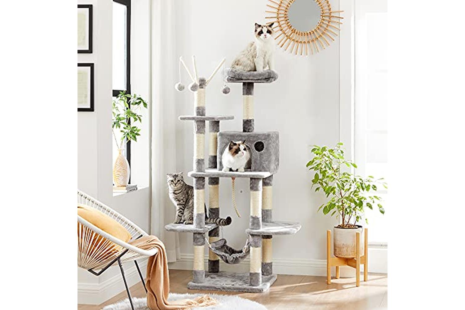 Feandrea Cat Tree, Cat Condo With Hammock, Perch, Cat Tower, Light Grey Pct86w-3