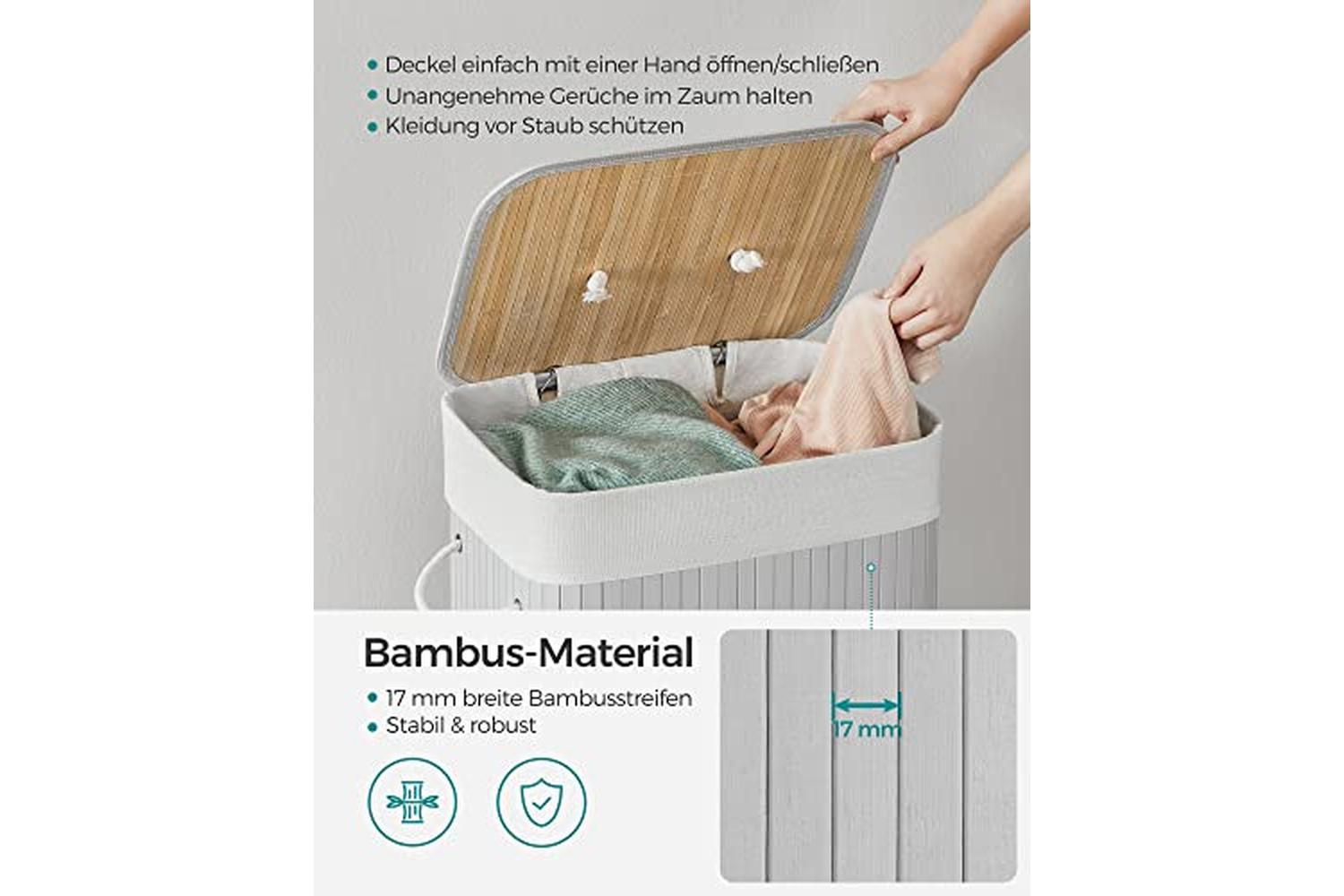 Songmics Lcb010g01 Rectangular Laundry Basket, Bamboo Laundry Basket With 3 Handles, 40 X 30 X 60 Cm, Grey-3