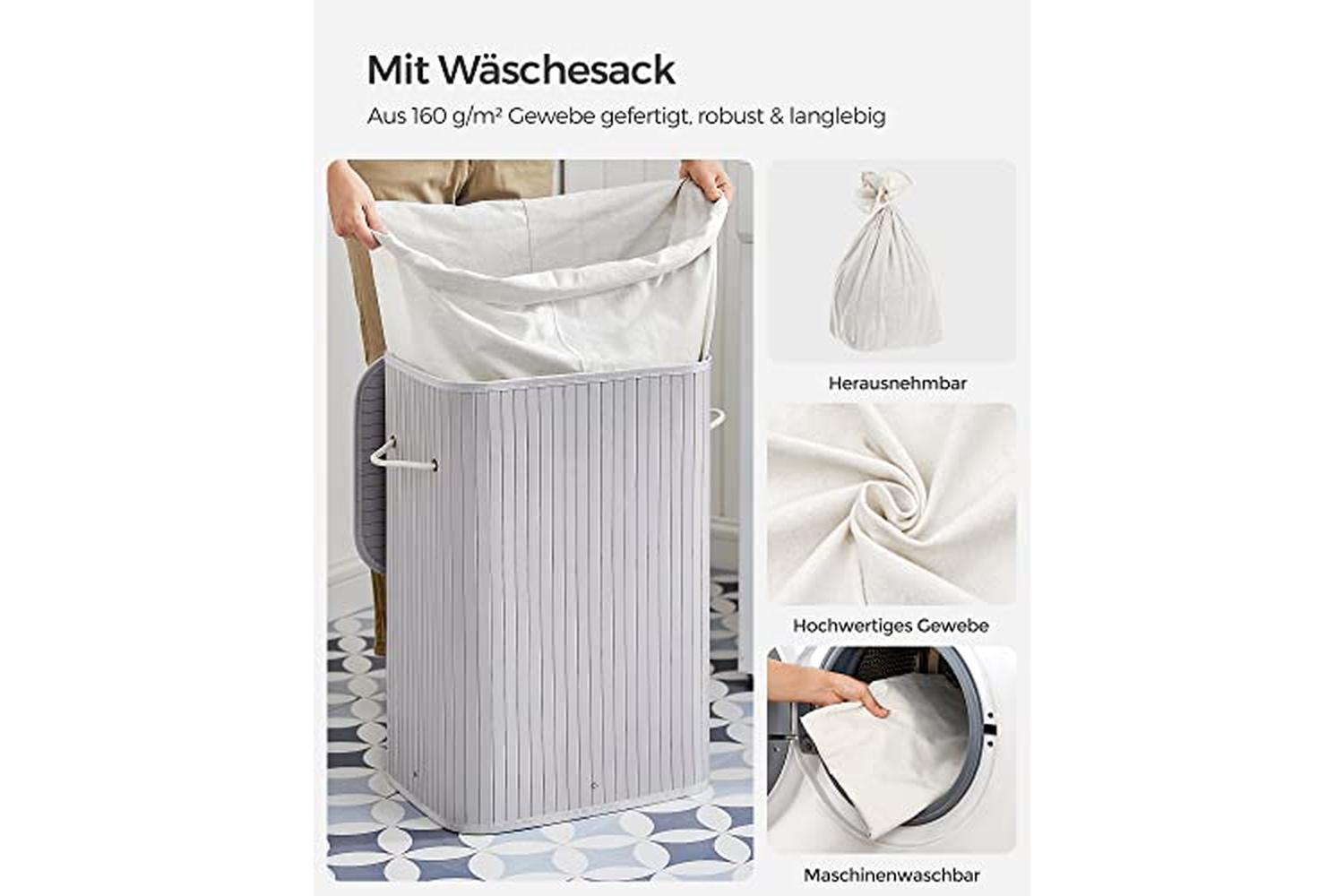 Songmics Lcb010g01 Rectangular Laundry Basket, Bamboo Laundry Basket With 3 Handles, 40 X 30 X 60 Cm, Grey-4