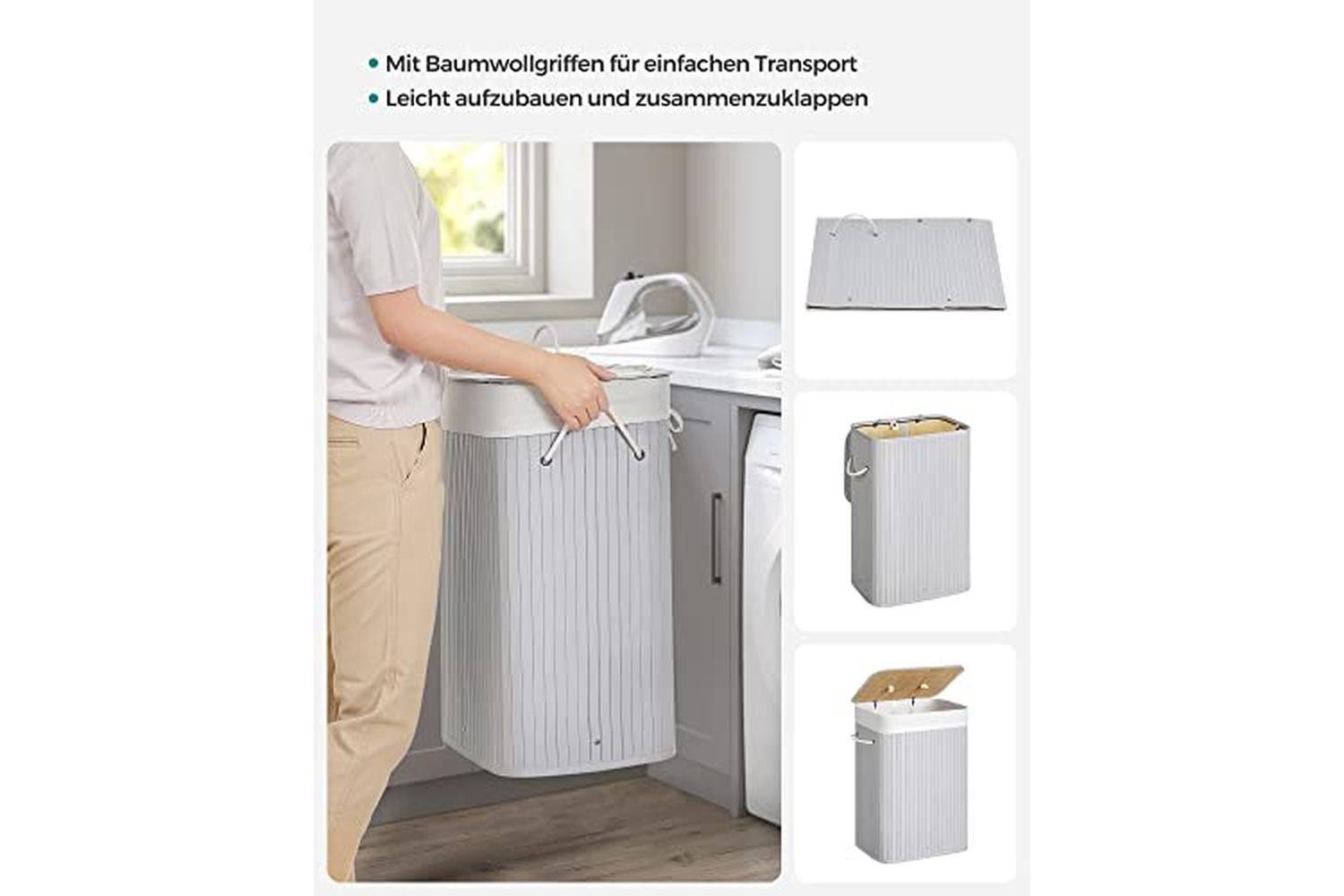 Songmics Lcb010g01 Rectangular Laundry Basket, Bamboo Laundry Basket With 3 Handles, 40 X 30 X 60 Cm, Grey-5