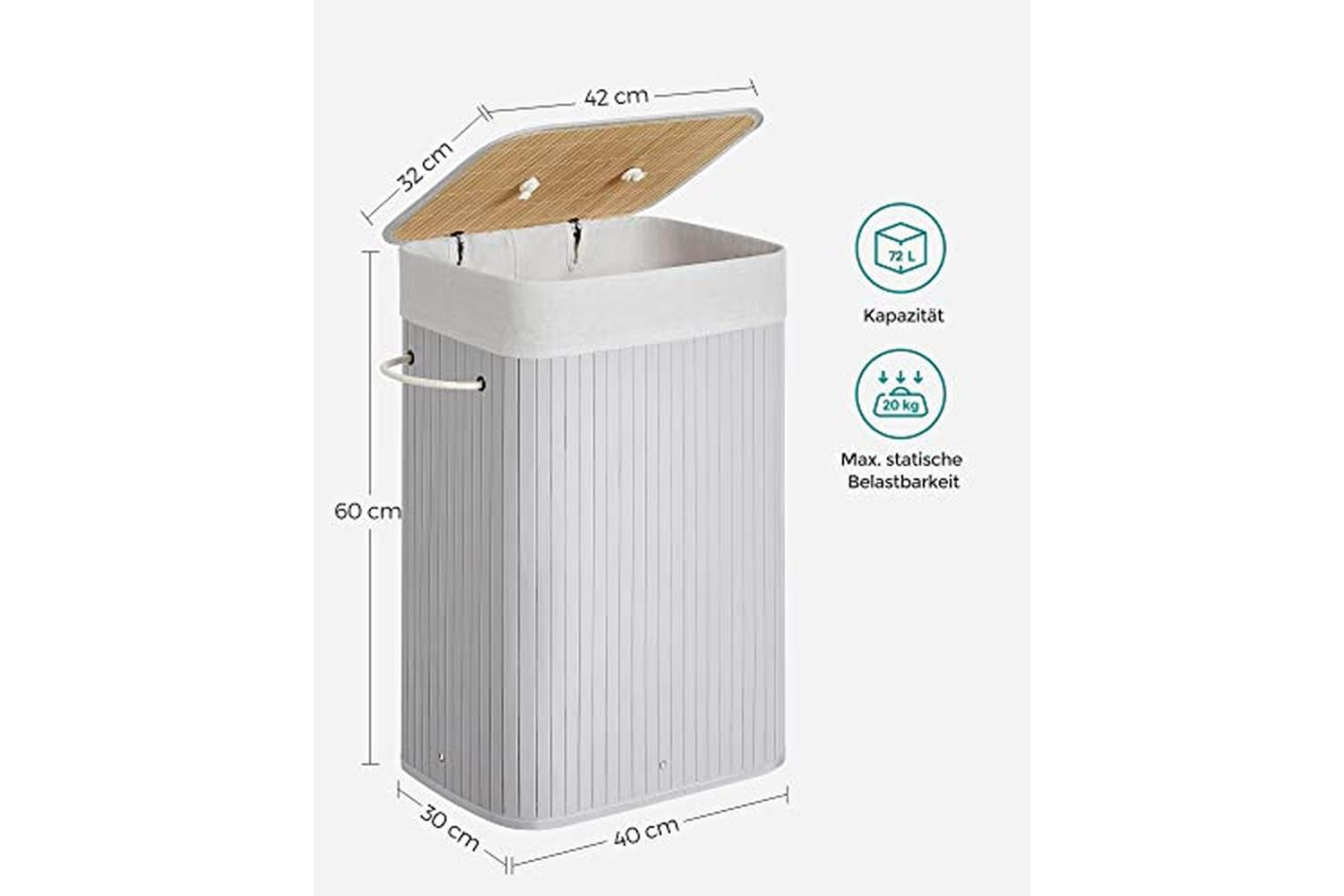 Songmics Lcb010g01 Rectangular Laundry Basket, Bamboo Laundry Basket With 3 Handles, 40 X 30 X 60 Cm, Grey-6