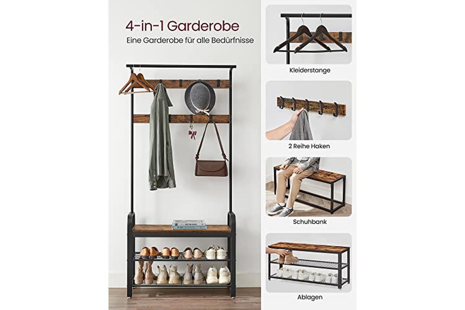 Vasagle Coat Rack with Shoe Storage Bench with 9 Removable Hooks | Rustic Brown/Black-2