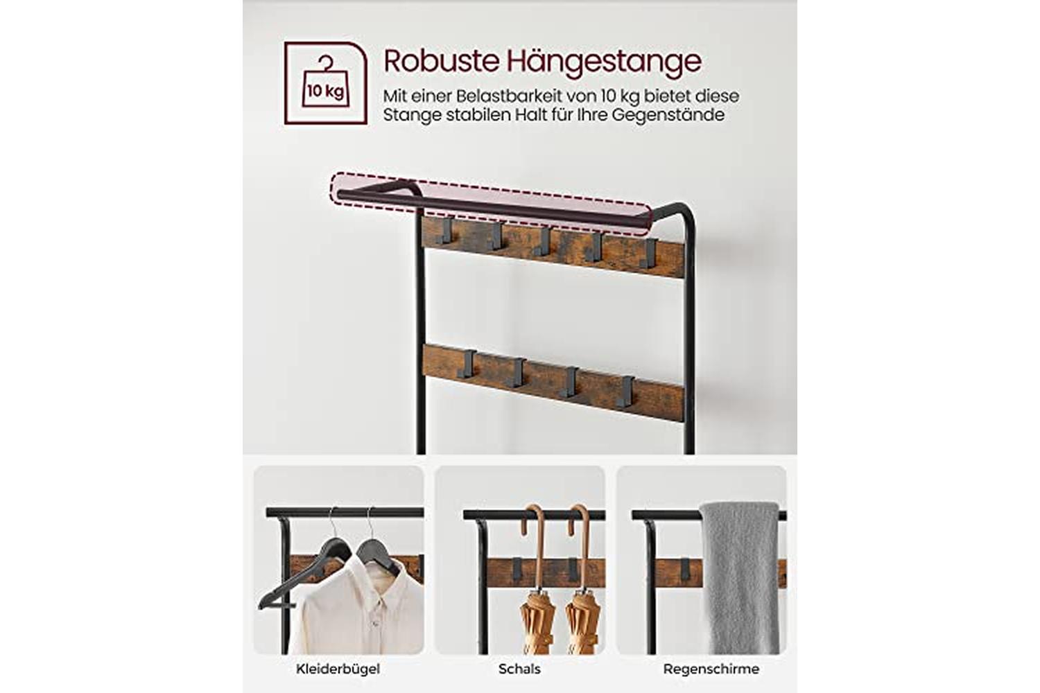 Vasagle Coat Rack with Shoe Storage Bench with 9 Removable Hooks | Rustic Brown/Black-3