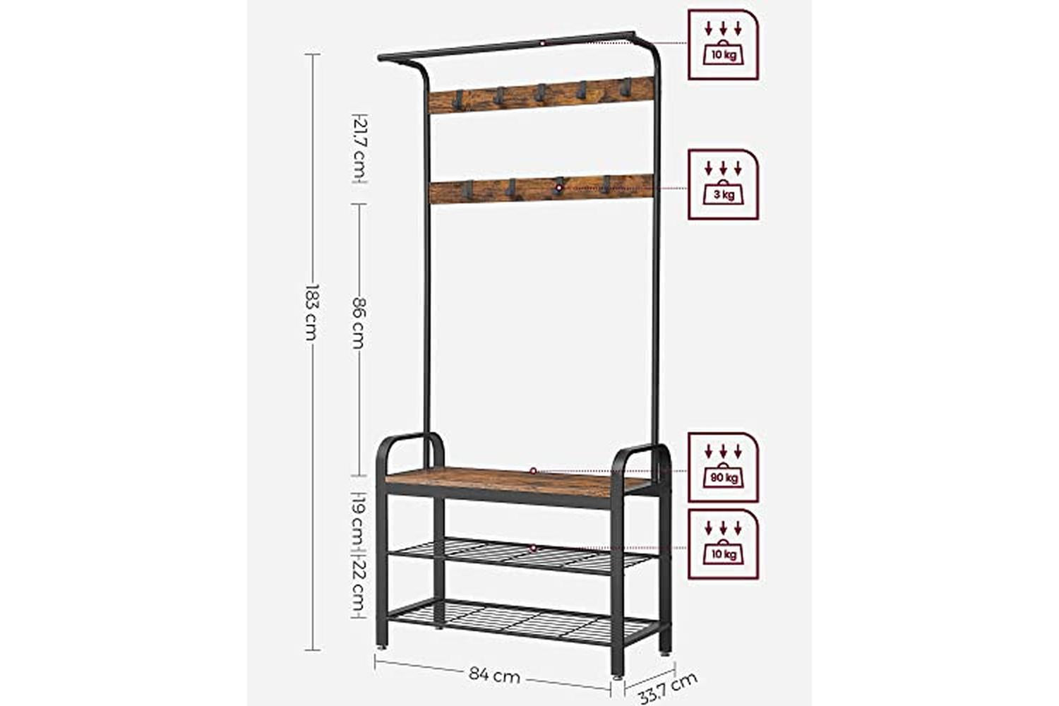Vasagle Coat Rack with Shoe Storage Bench with 9 Removable Hooks | Rustic Brown/Black-5
