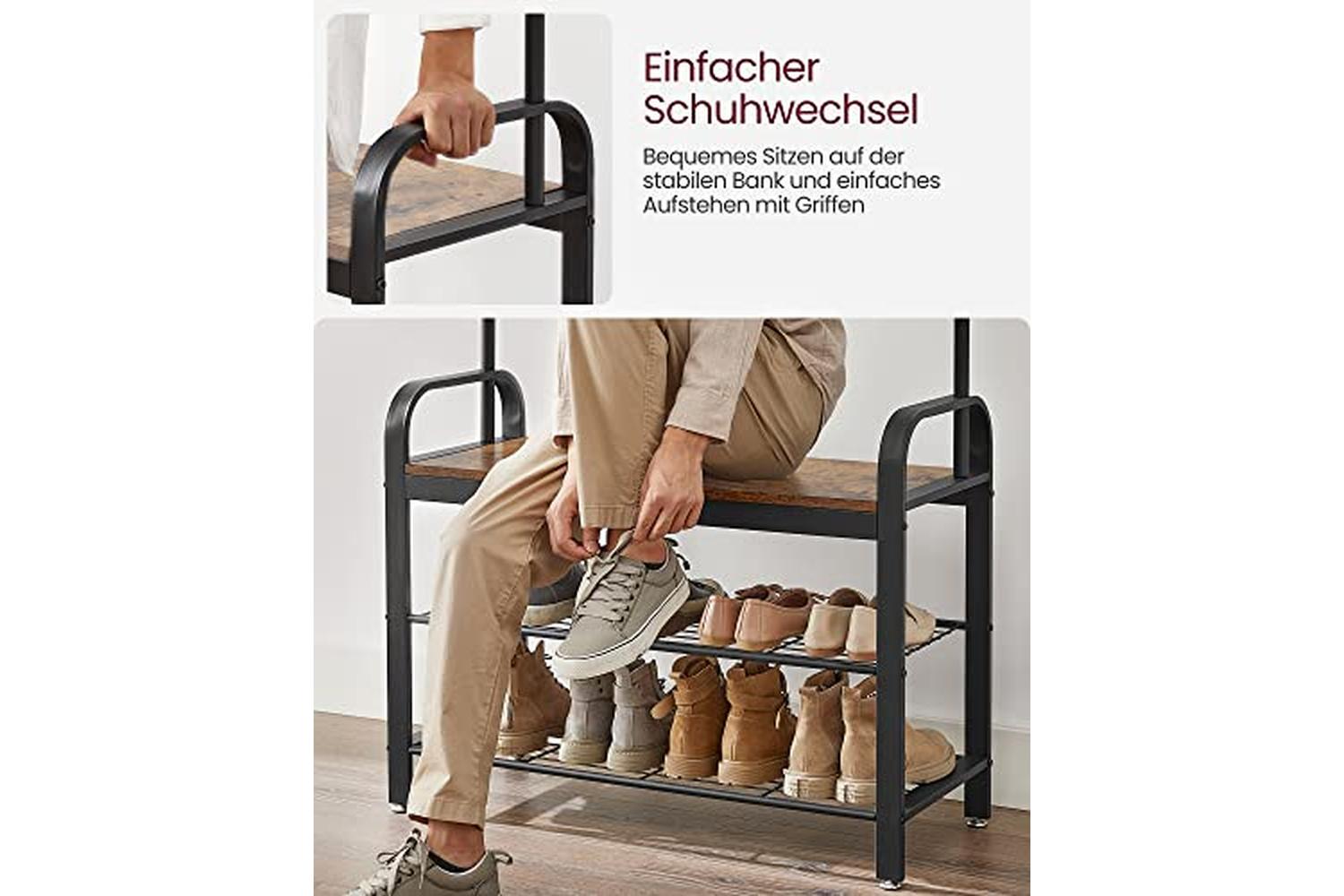 Vasagle Coat Rack with Shoe Storage Bench with 9 Removable Hooks | Rustic Brown/Black-7