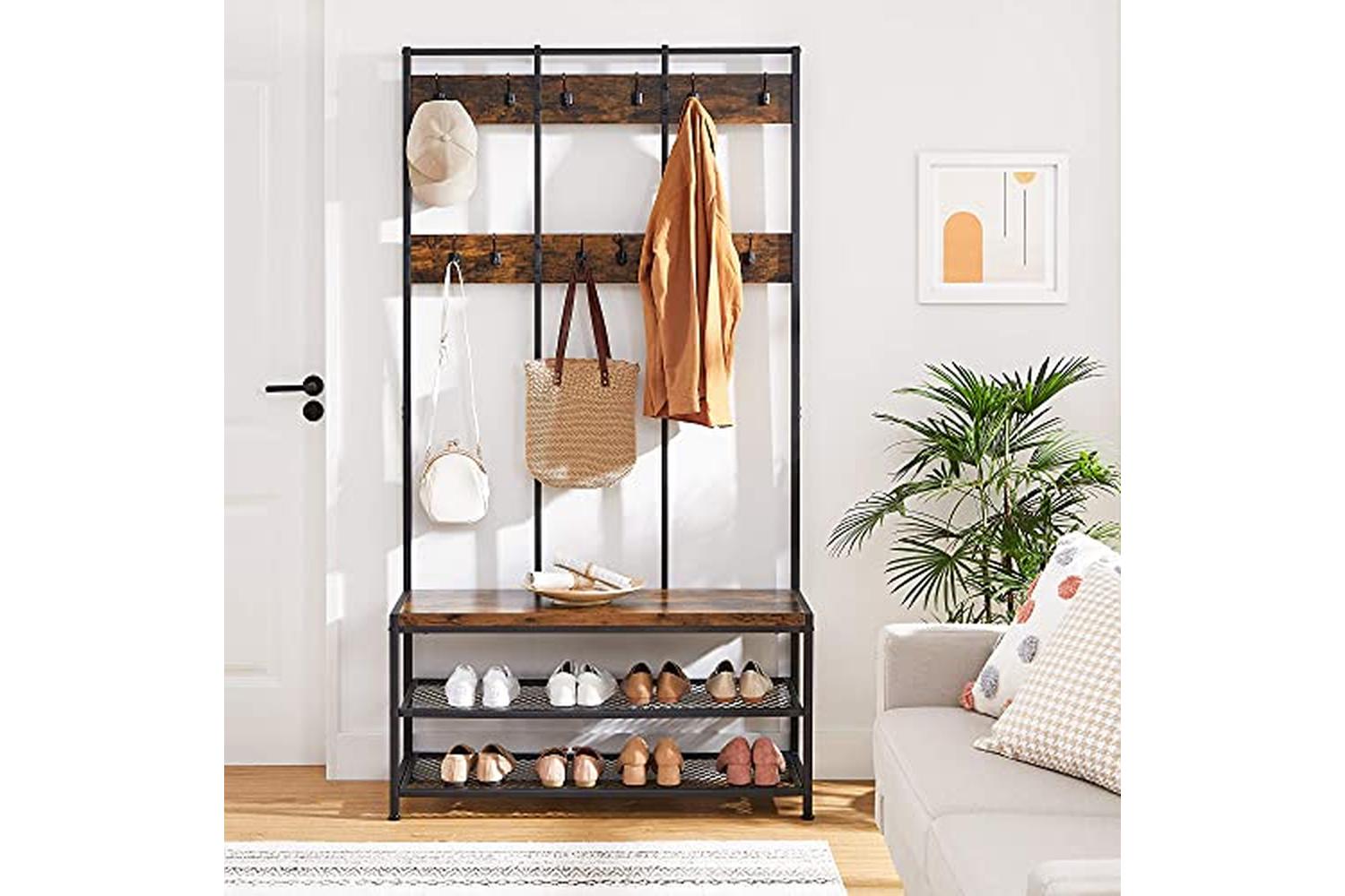 Vasagle Large Coat Rack Stand with 12 Hooks | Rustic Brown/Black-3