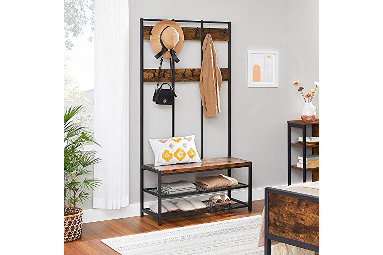 Vasagle Large Coat Rack Stand with 12 Hooks | Rustic Brown/Black-4