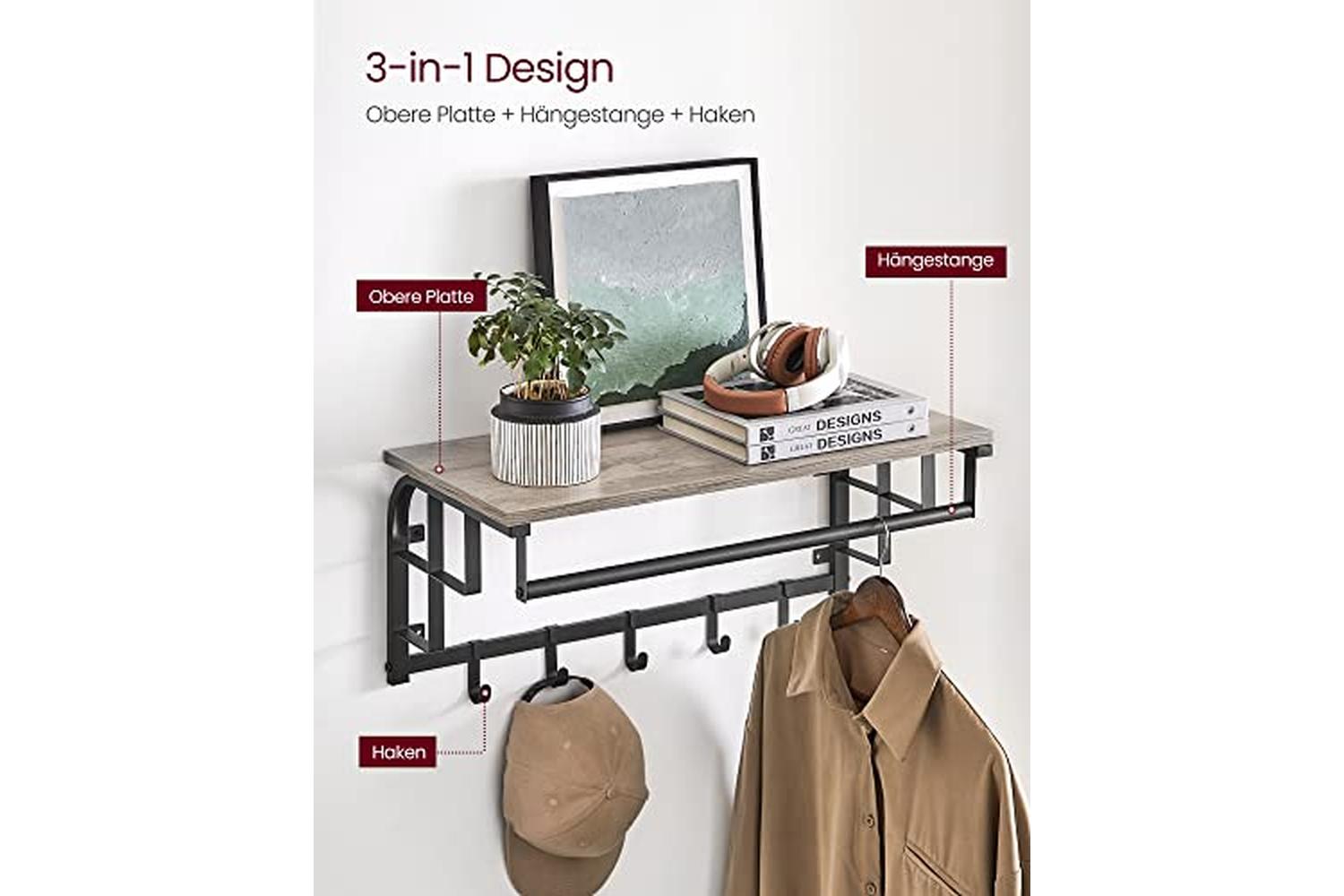 VasagleÂ coatÂ rack Wall-mounted, CoatÂ hookÂ with 5 Hooks And Hanging Rail, For Entryway, Hallway, Bedroom, Bathroom, Living Room,Â greige And Black Lcr012b02-2