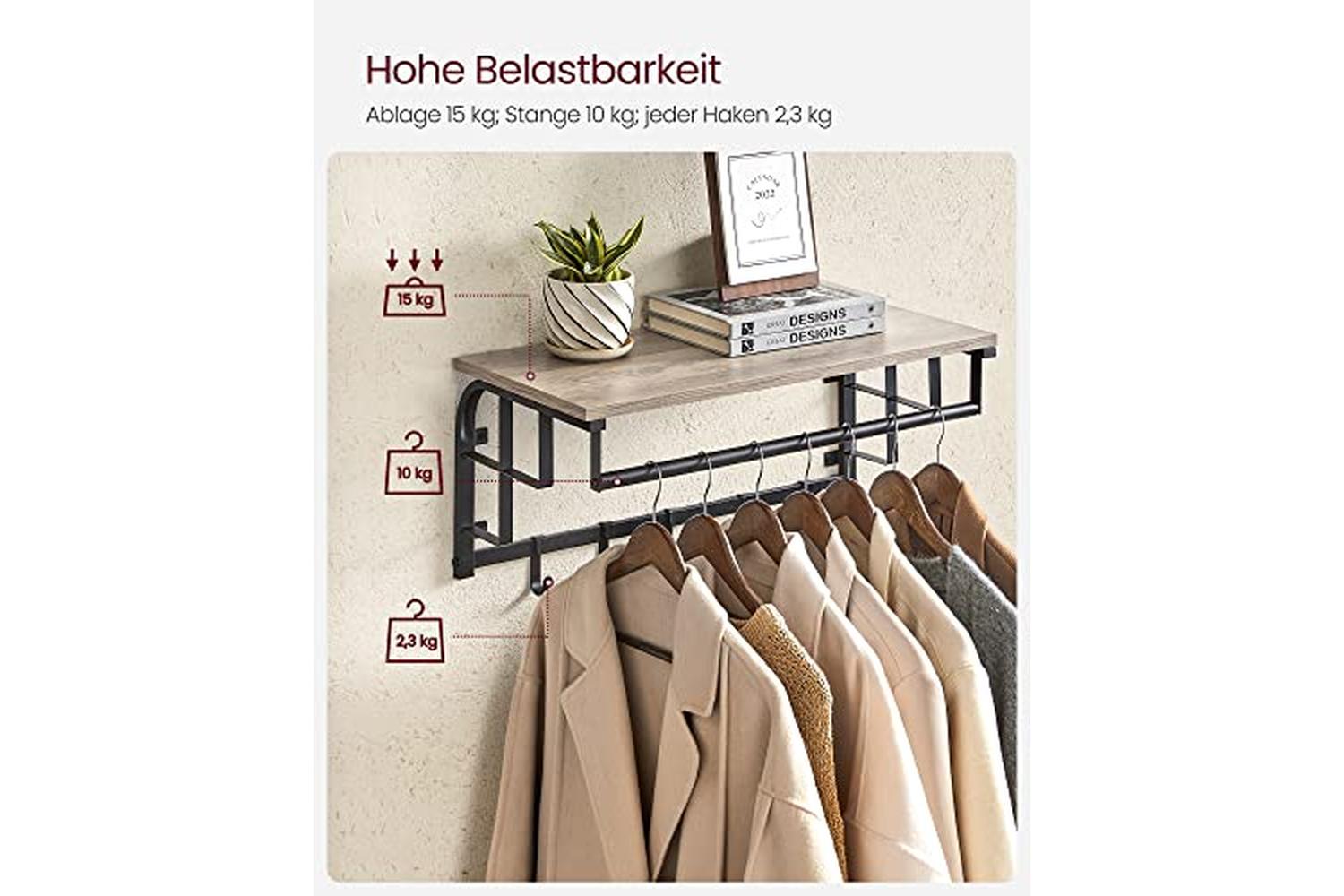 VasagleÂ coatÂ rack Wall-mounted, CoatÂ hookÂ with 5 Hooks And Hanging Rail, For Entryway, Hallway, Bedroom, Bathroom, Living Room,Â greige And Black Lcr012b02-4