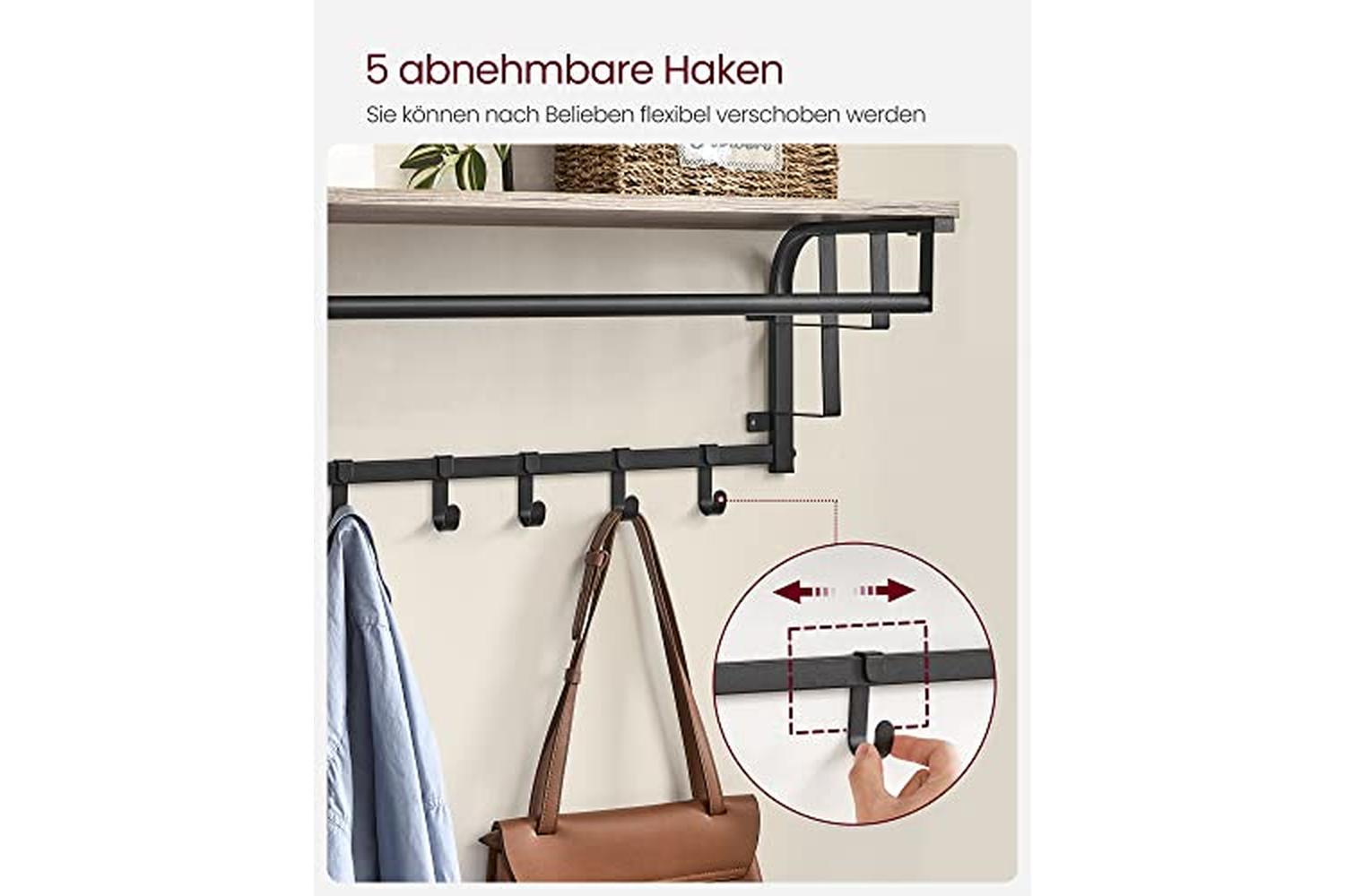 VasagleÂ coatÂ rack Wall-mounted, CoatÂ hookÂ with 5 Hooks And Hanging Rail, For Entryway, Hallway, Bedroom, Bathroom, Living Room,Â greige And Black Lcr012b02-5