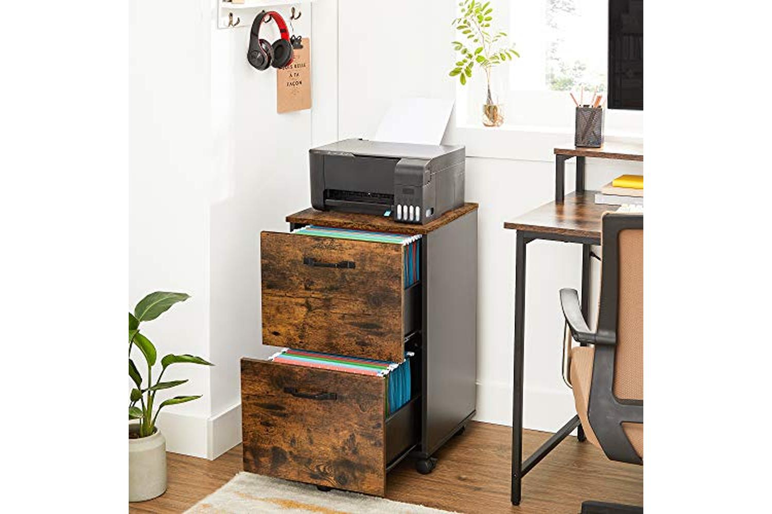 Vasagle File Cabinet With 2 Drawers, Rolling Office Filing Cabinet With Wheels, For A4, Letter Sized Documents, Hanging File Folders, Industrial Style, Rustic Brown And Black Ofc040b01-2