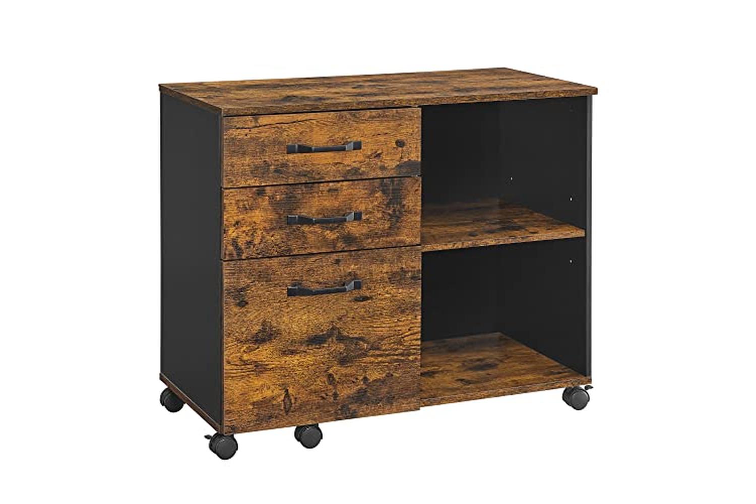 Vasagle 3-drawer File Cabinet, Mobile Lateral Filing Cabinet With Open Compartments, For A4, Letter Sized Documents, Printer Stand, Industrial, Rustic Brown And Black Ofc041b01