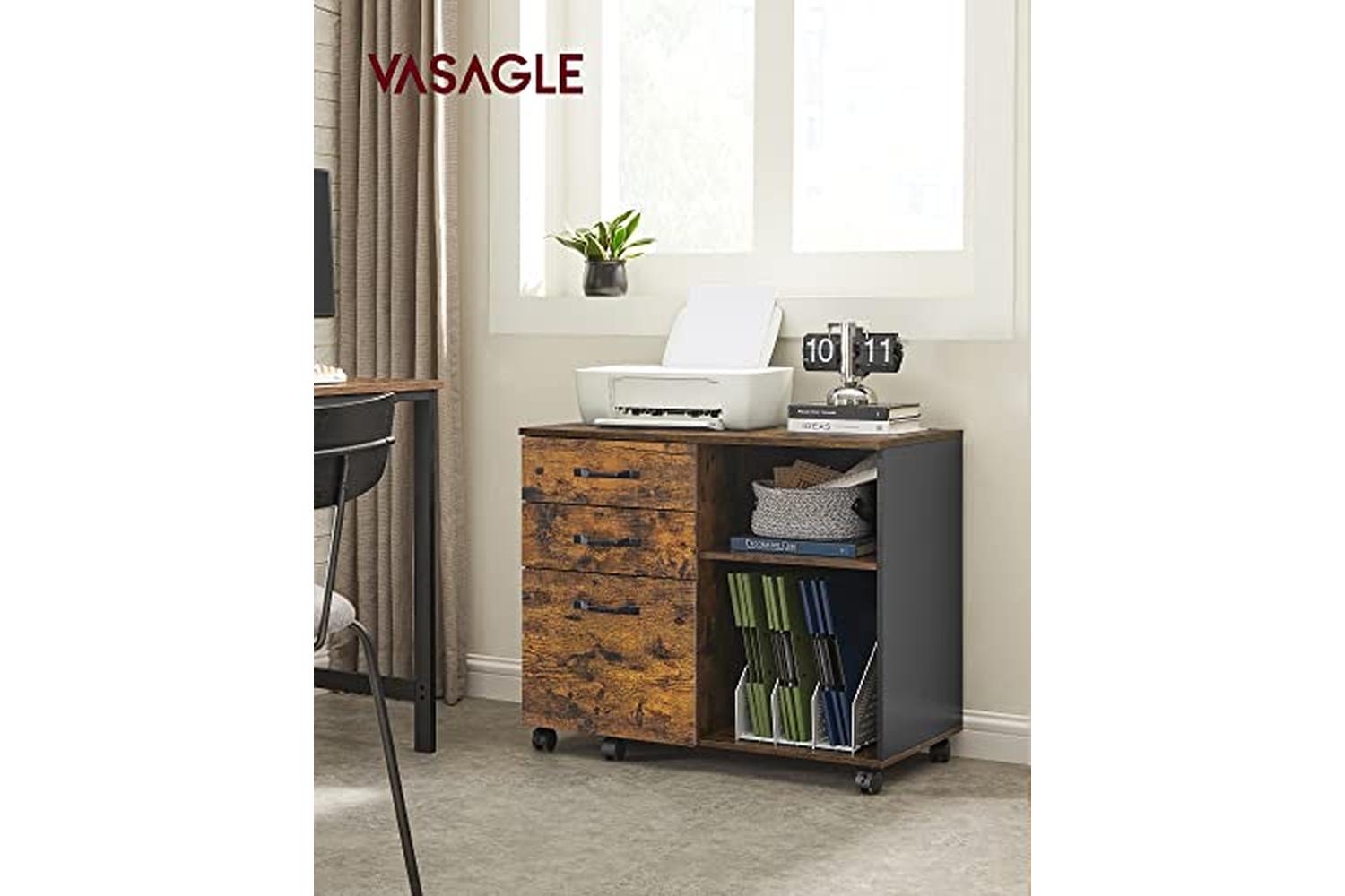 Vasagle 3-drawer File Cabinet, Mobile Lateral Filing Cabinet With Open Compartments, For A4, Letter Sized Documents, Printer Stand, Industrial, Rustic Brown And Black Ofc041b01-2