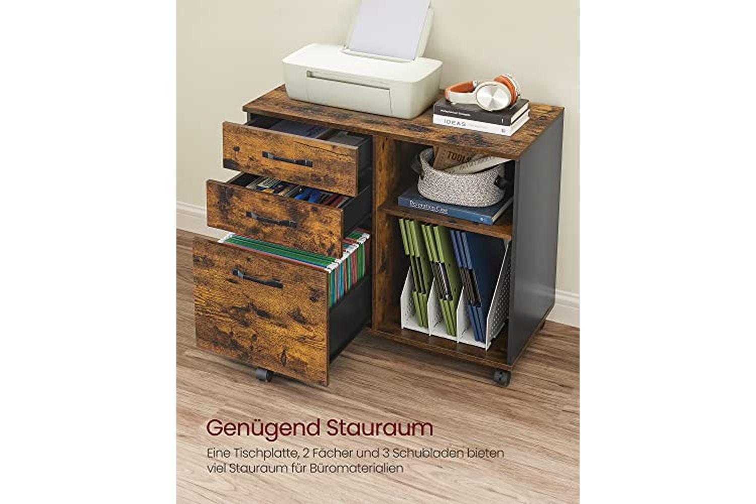 Vasagle 3-drawer File Cabinet, Mobile Lateral Filing Cabinet With Open Compartments, For A4, Letter Sized Documents, Printer Stand, Industrial, Rustic Brown And Black Ofc041b01-3