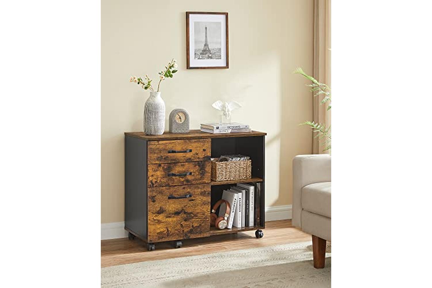 Vasagle 3-drawer File Cabinet, Mobile Lateral Filing Cabinet With Open Compartments, For A4, Letter Sized Documents, Printer Stand, Industrial, Rustic Brown And Black Ofc041b01-4