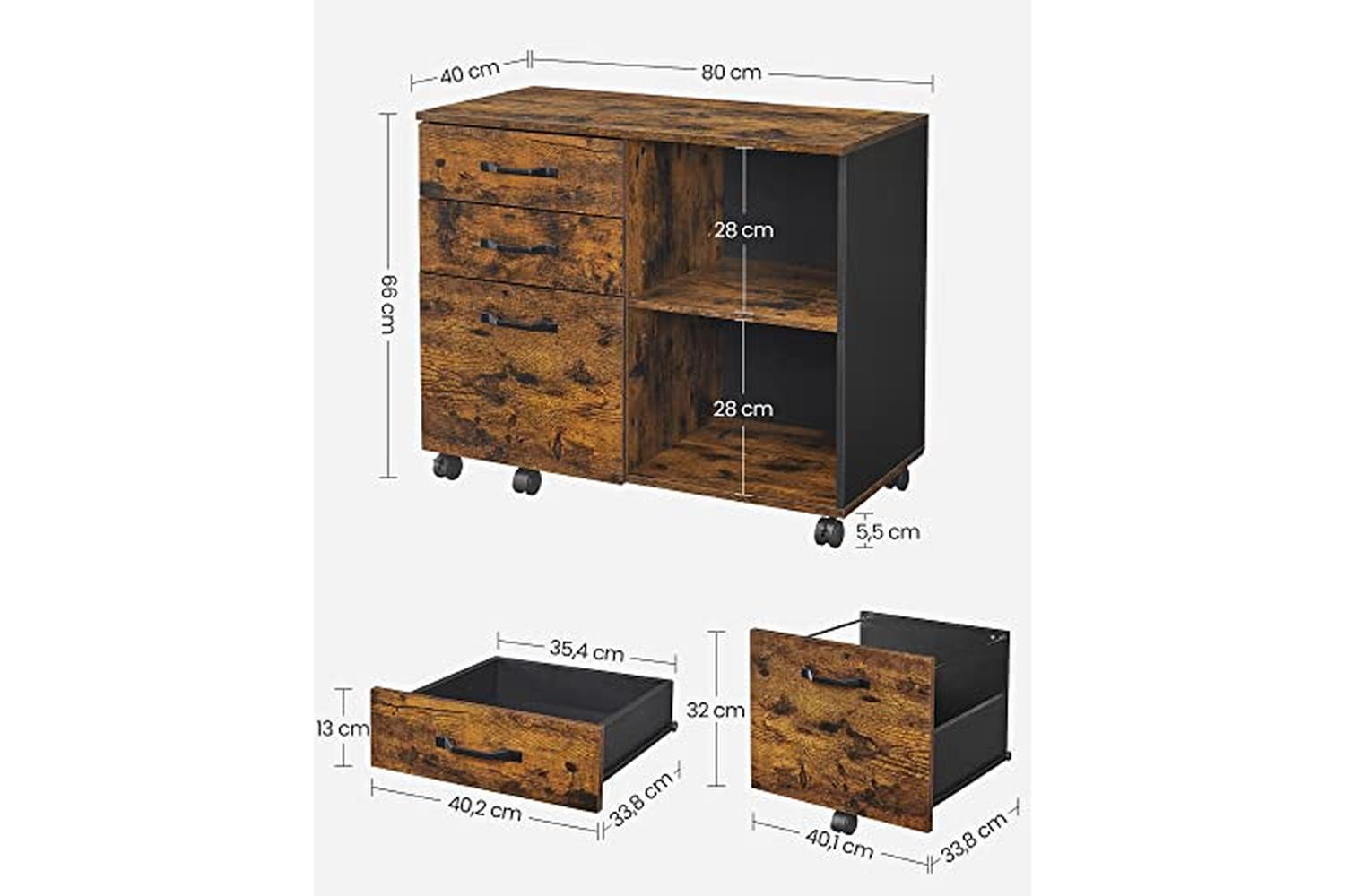 Vasagle 3-drawer File Cabinet, Mobile Lateral Filing Cabinet With Open Compartments, For A4, Letter Sized Documents, Printer Stand, Industrial, Rustic Brown And Black Ofc041b01-5