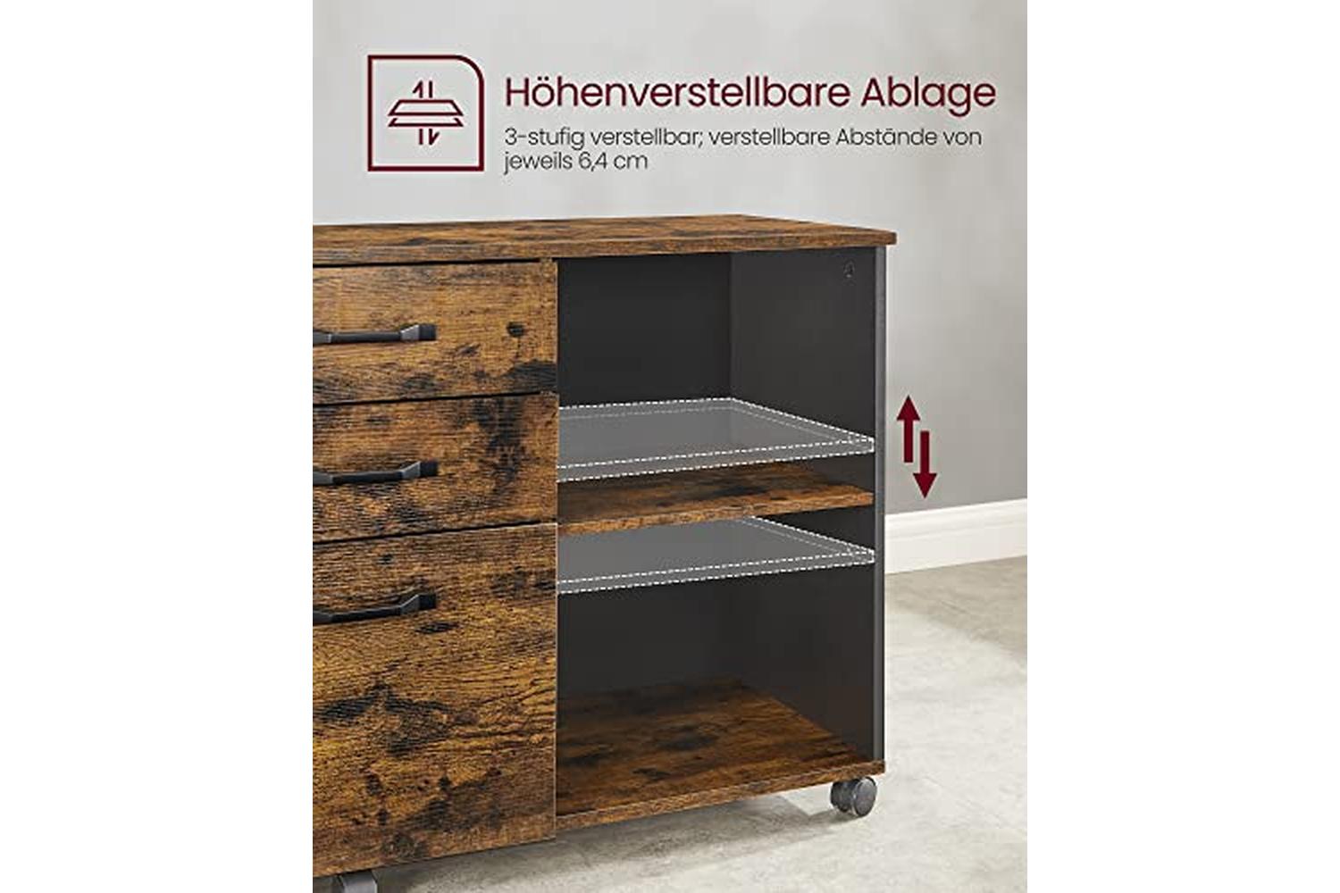 Vasagle 3-drawer File Cabinet, Mobile Lateral Filing Cabinet With Open Compartments, For A4, Letter Sized Documents, Printer Stand, Industrial, Rustic Brown And Black Ofc041b01-7