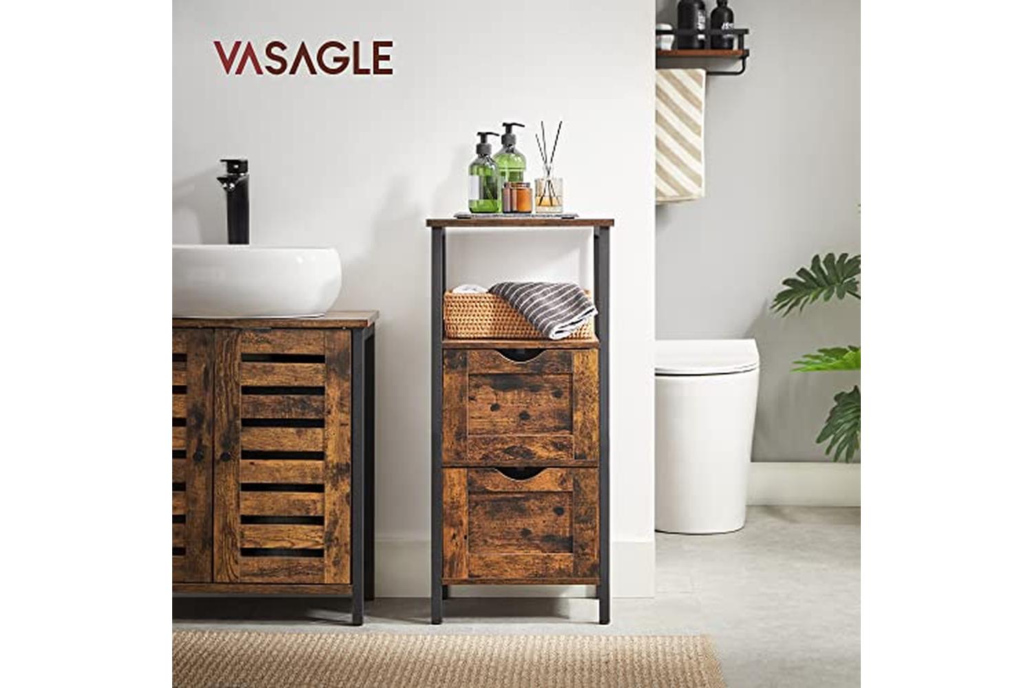 Vasagle Bbk151b01 Bathroom Cabinet, 2 Drawers, Open Compartment, Chest Of Drawers, Slim, Space-saving, Bathroom Furniture, 37 X 30 X 80 Cm, Vintage Brown/black-2
