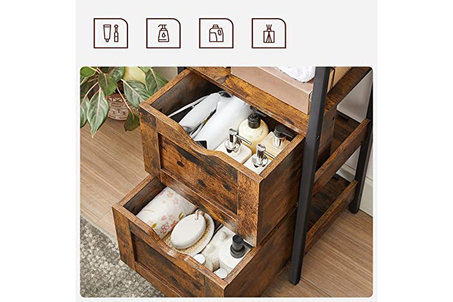 Vasagle Bbk151b01 Bathroom Cabinet, 2 Drawers, Open Compartment, Chest Of Drawers, Slim, Space-saving, Bathroom Furniture, 37 X 30 X 80 Cm, Vintage Brown/black-7
