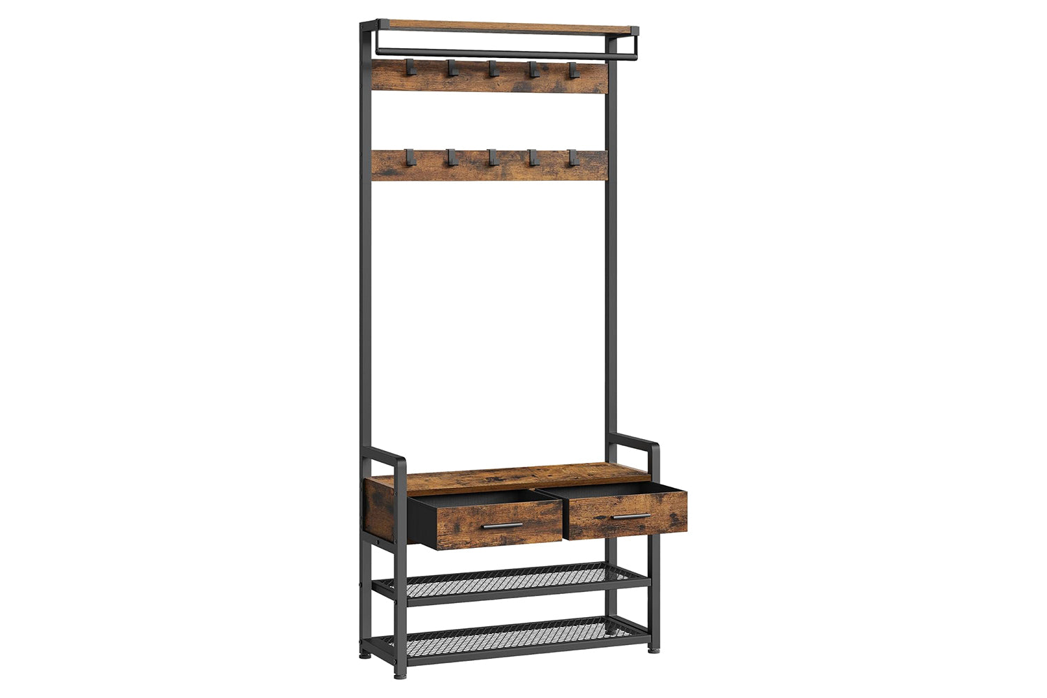 Vasagle Hall Tree With Bench And Shoe Storage, Entryway Coat Rack With Shoe Bench, 2 Fabric Drawers, 10 Hooks, 11.8 X 31.7 X 71.5 Inches, Vintage Brown And Ink Black Hsr429b01