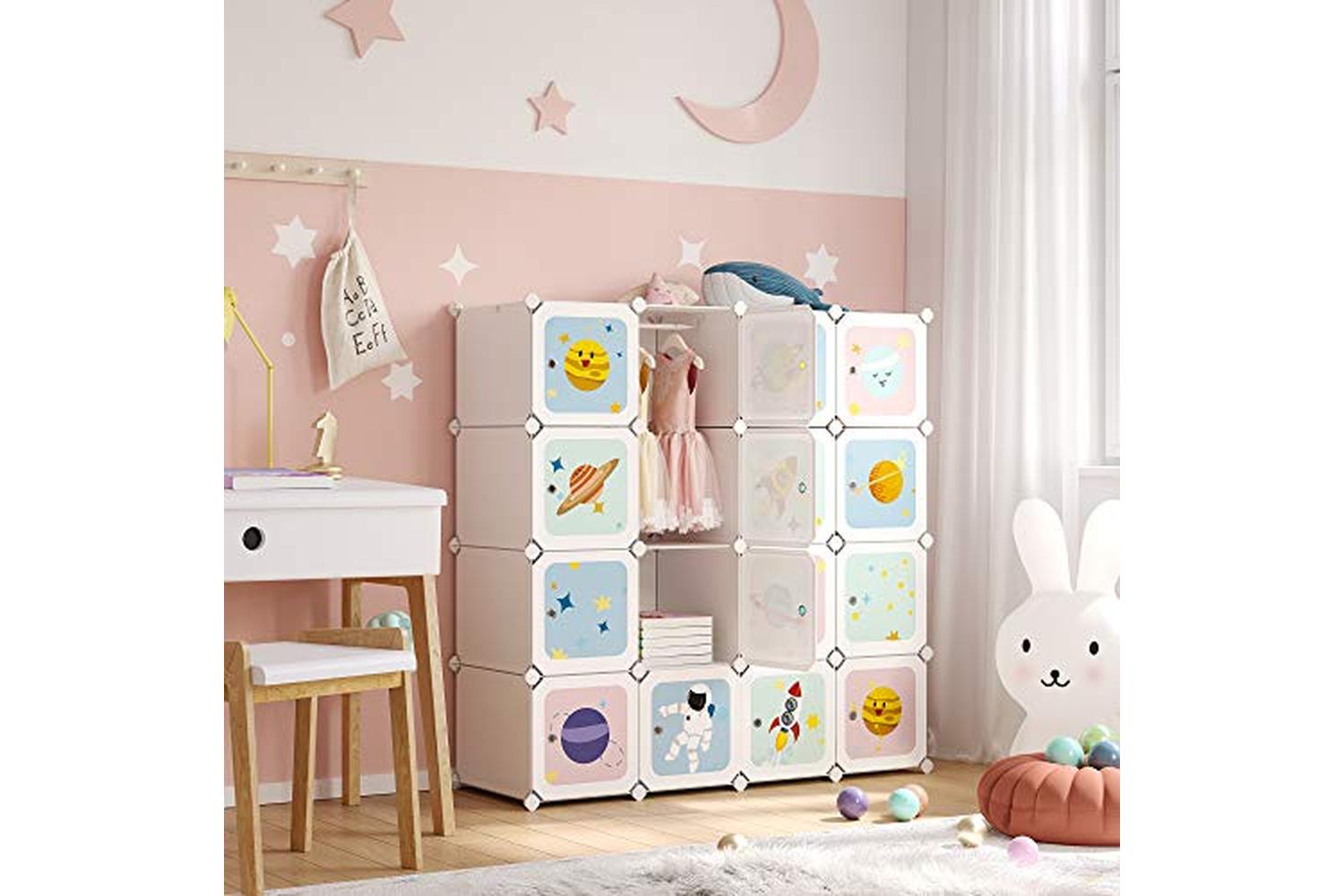Songmics Portable Clothes Closet, Diy Wardrobe For Hanging Clothes, Modular Storage Organiser For Children With 16 Cubes, 4 Hanging Rails, 123 X 41 X 123 Cm, White Lpc905w01-2