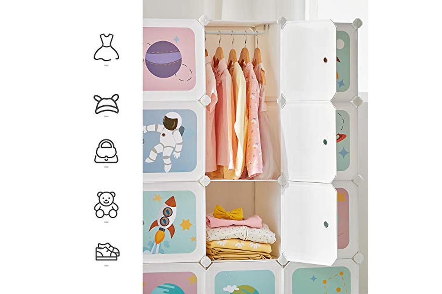 Songmics Portable Clothes Closet, Diy Wardrobe For Hanging Clothes, Modular Storage Organiser For Children With 16 Cubes, 4 Hanging Rails, 123 X 41 X 123 Cm, White Lpc905w01-3