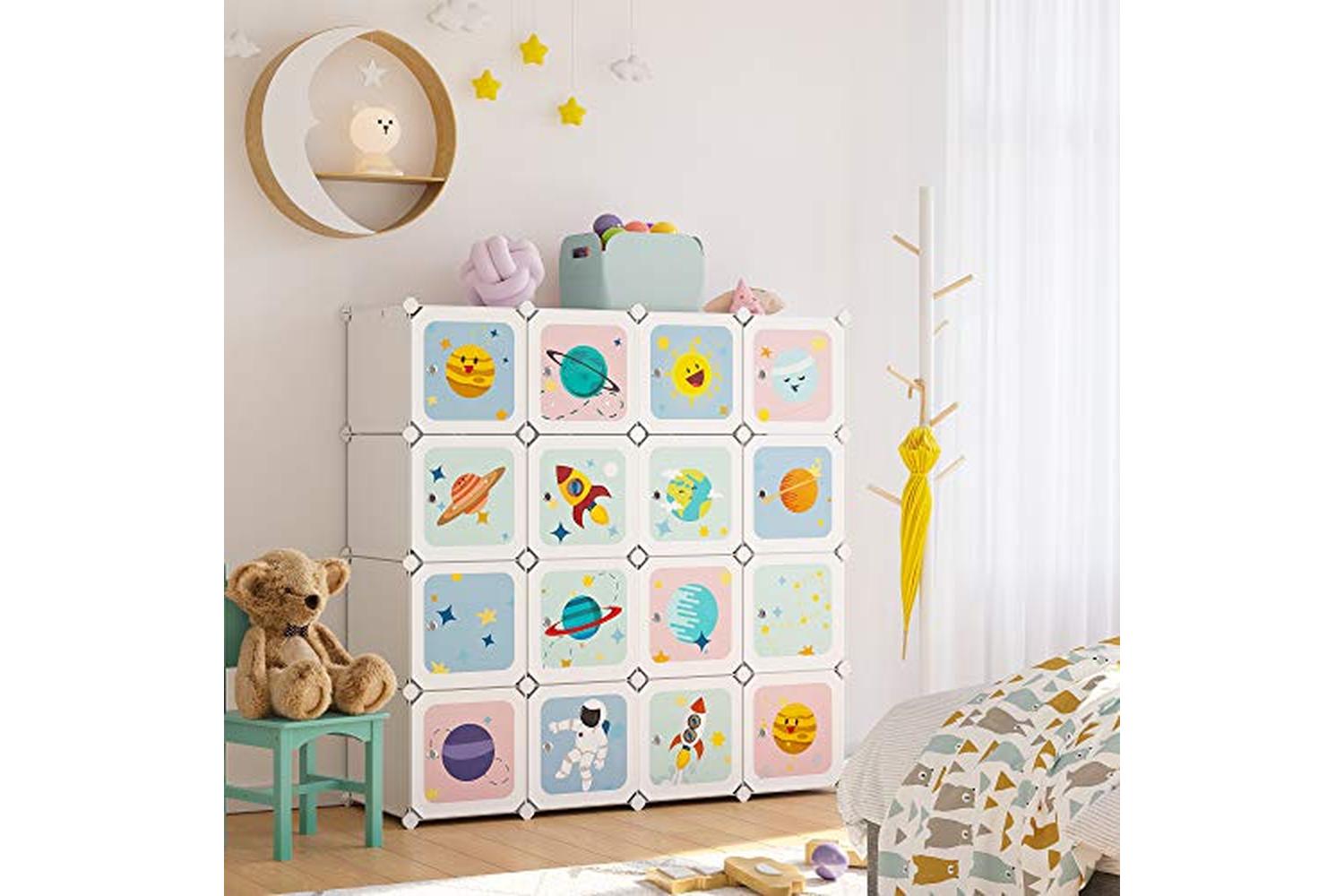 Songmics Portable Clothes Closet, Diy Wardrobe For Hanging Clothes, Modular Storage Organiser For Children With 16 Cubes, 4 Hanging Rails, 123 X 41 X 123 Cm, White Lpc905w01-4