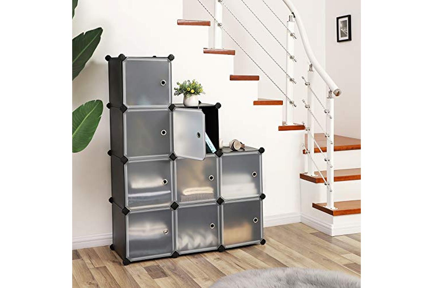 Songmics 9-cube Storage Organiser Unit, Plastic Closet With Doors, Modular Cabinet For Clothes, Shoes, Toys, Books, Easy To Assemble, Black Lpc116hs-2