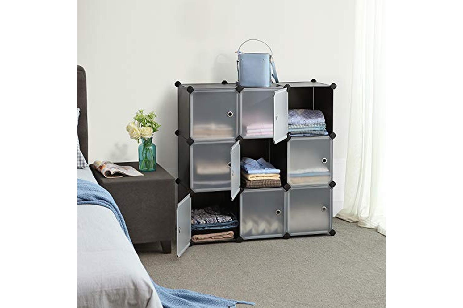 Songmics 9-cube Storage Organiser Unit, Plastic Closet With Doors, Modular Cabinet For Clothes, Shoes, Toys, Books, Easy To Assemble, Black Lpc116hs-3