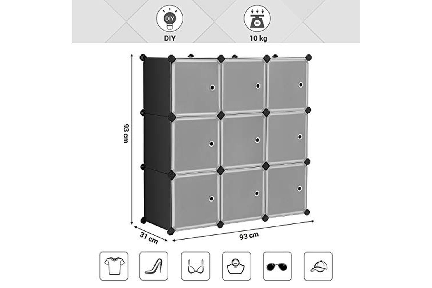 Songmics 9-cube Storage Organiser Unit, Plastic Closet With Doors, Modular Cabinet For Clothes, Shoes, Toys, Books, Easy To Assemble, Black Lpc116hs-6