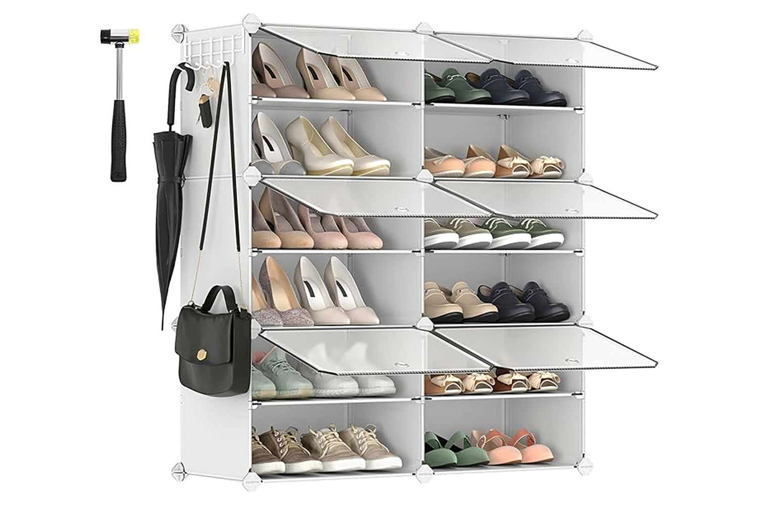 Songmics Interlocking Shoe Rack Cabinet, 6-slot Modular Storage Organiser Unit, 30 X 40 X 30 Cm For Each Slot, With Doors, Steel Frame, Plastic Panels, White Lpc033w01